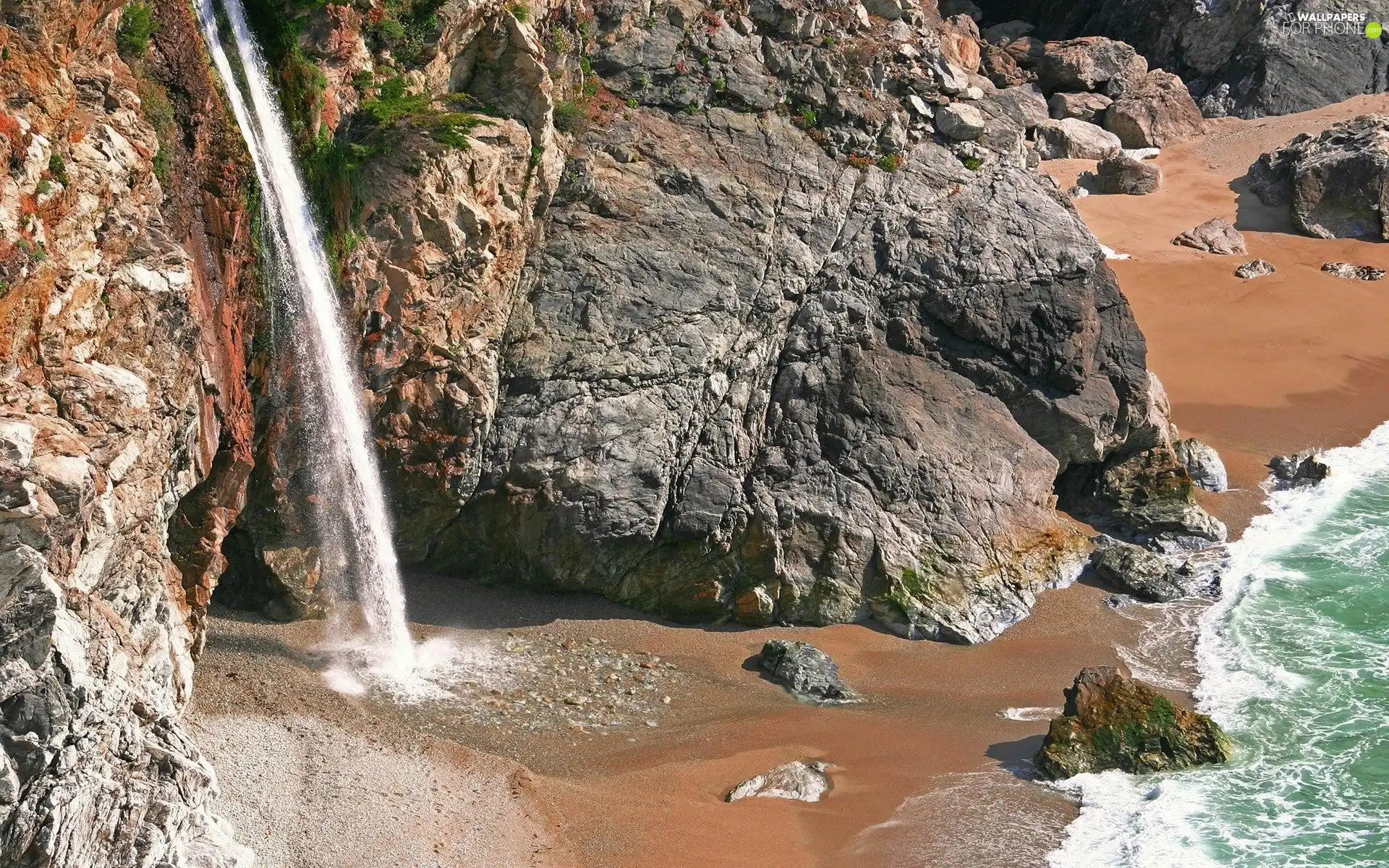 Sea, Beaches, waterfall, coast, Cliffs