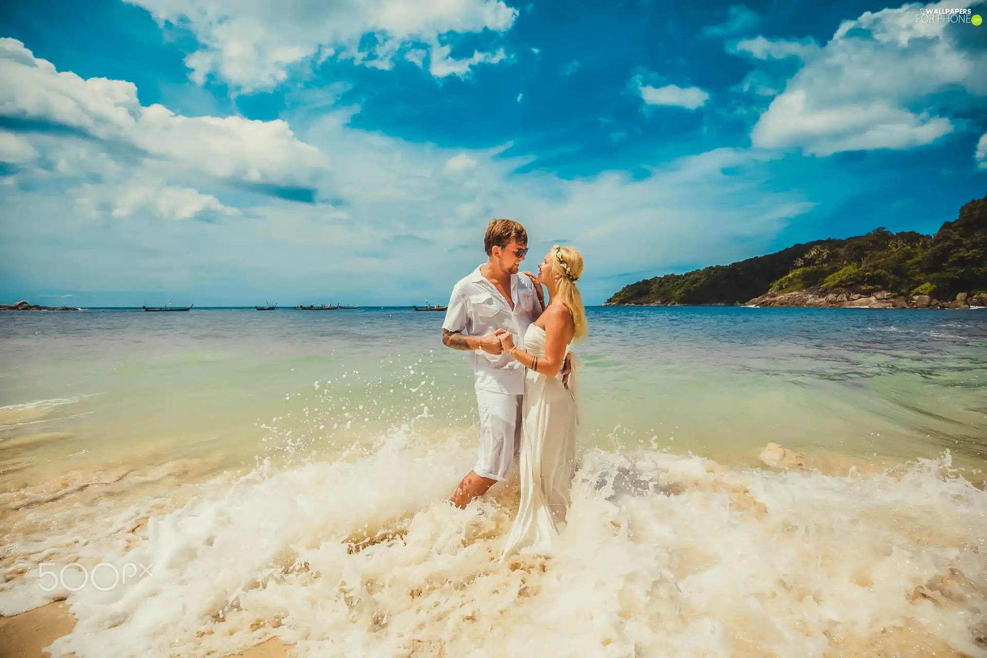 sea, Women, cliff, forest, Tides, a man