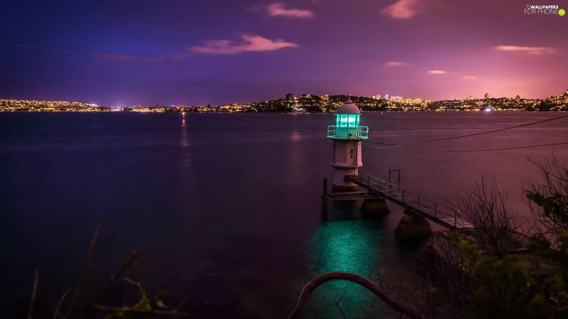 sea, City at Night, Sydney, Bradleys Head Light, Australia