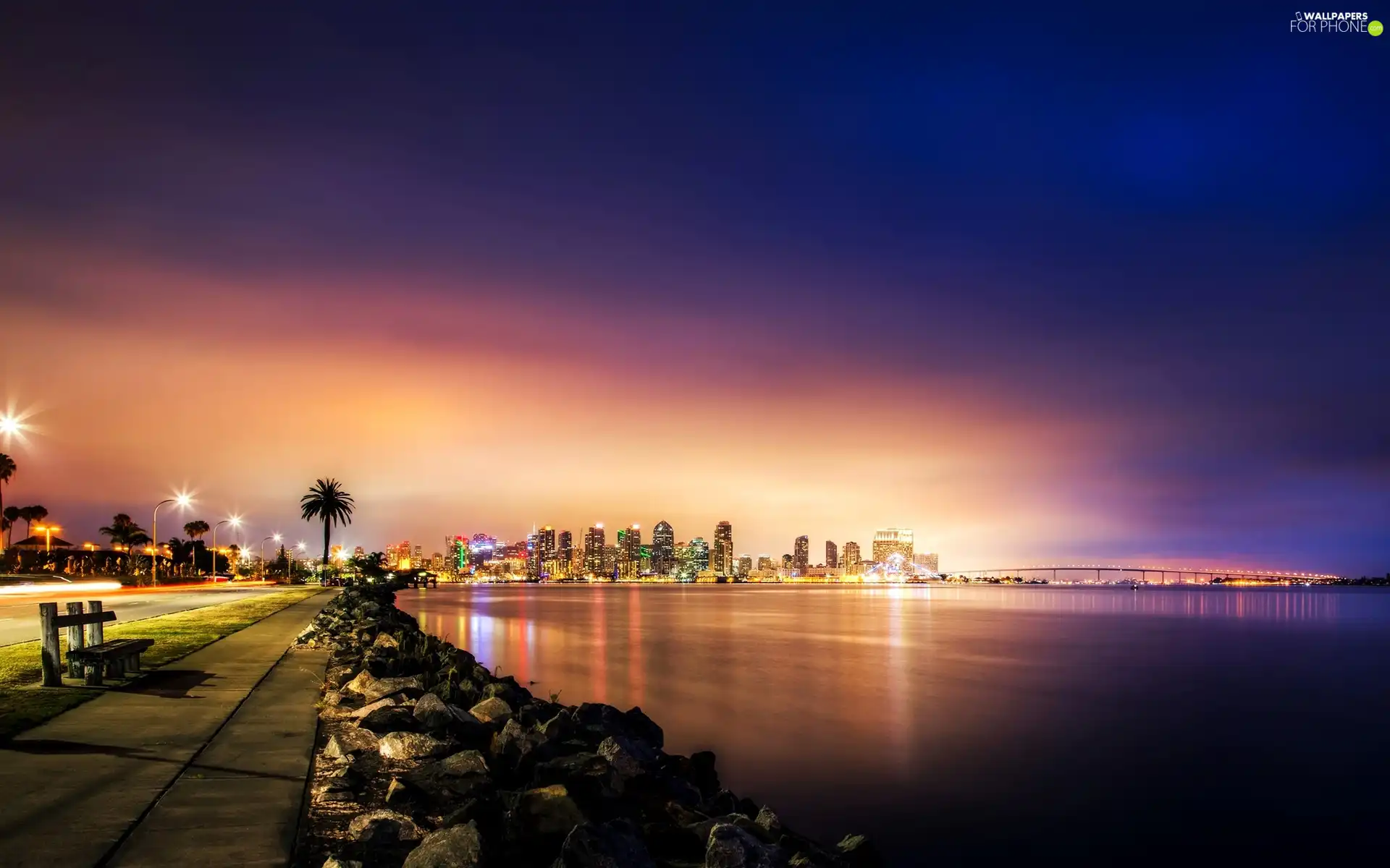 sea, Coast, light, Pavement, Night, San Diego, USA, Bench