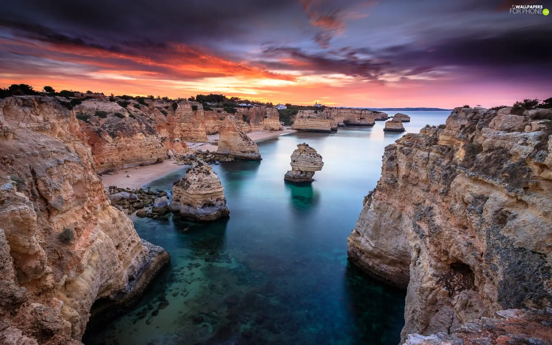 sea, rocks, Algarve Region, Great Sunsets, Coast, Atlantic Ocean, Portugal