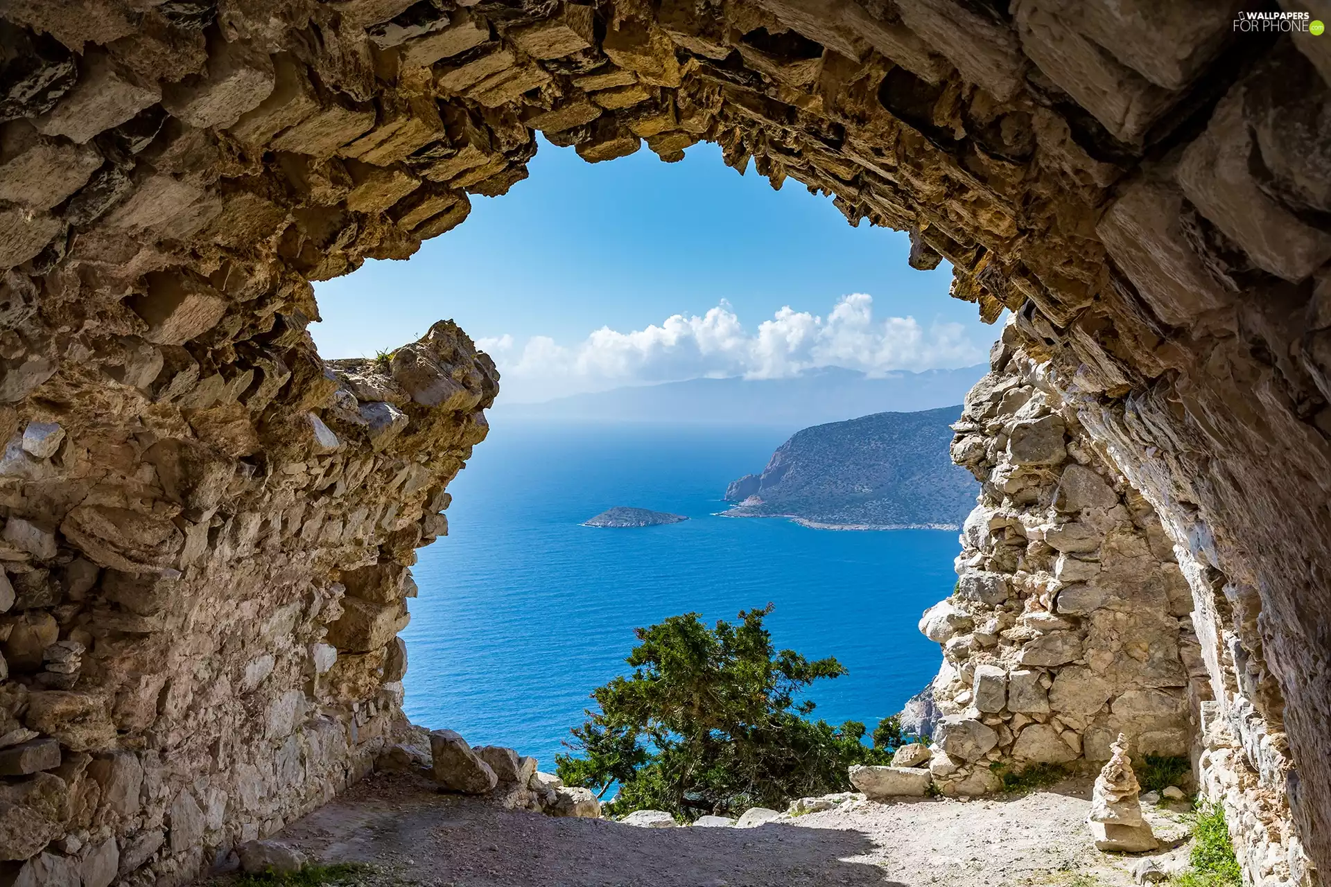 View, Monolithos City, sea, Rhodes Island, trees, wall, Ruins of the Castle, Greece