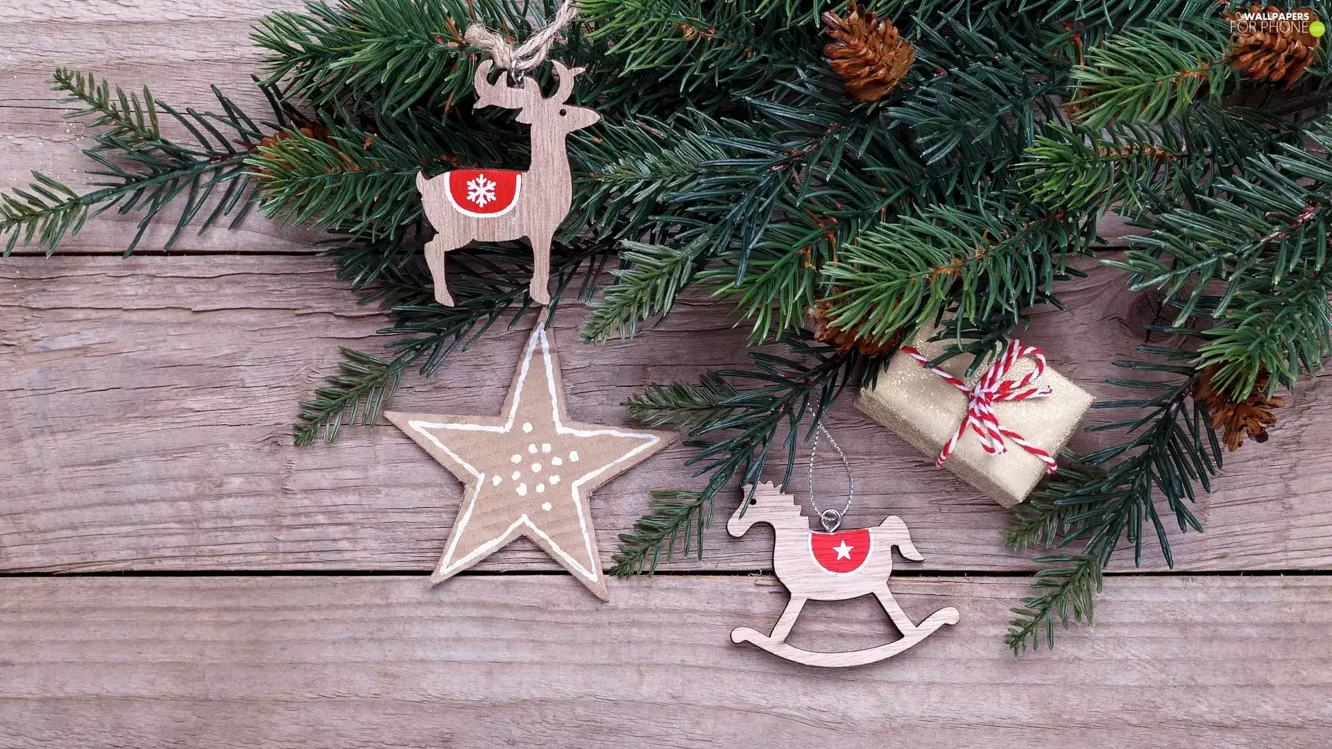 sea-horse, reindeer, boarding, star, cones, Pendant, Twigs, Present