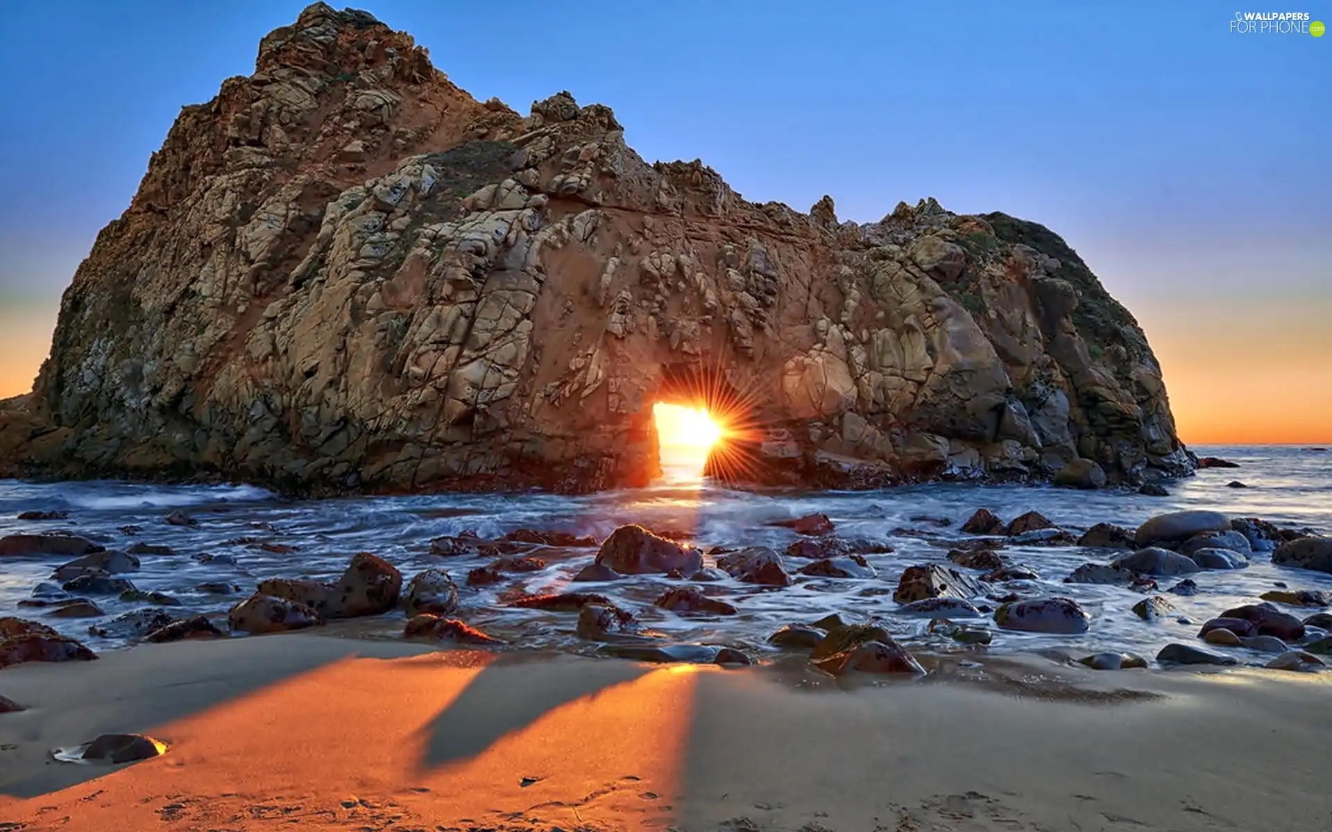 Stones, Rocks, Great Sunsets, light breaking through sky, Beaches, sea