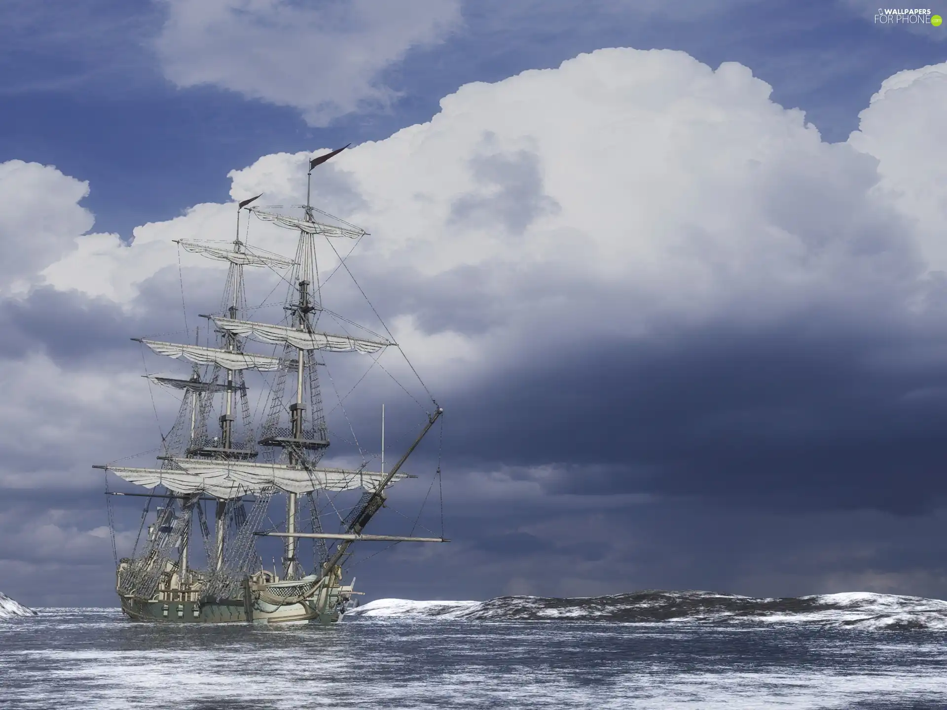 clouds, sailing vessel, sea