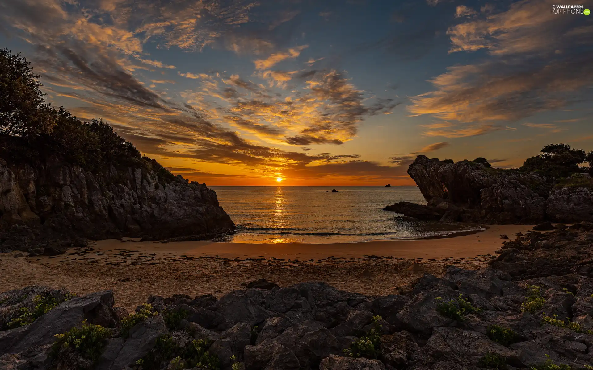 viewes, Beaches, rocks, Great Sunsets, Stones, sea, Sand, reflection, clouds, trees