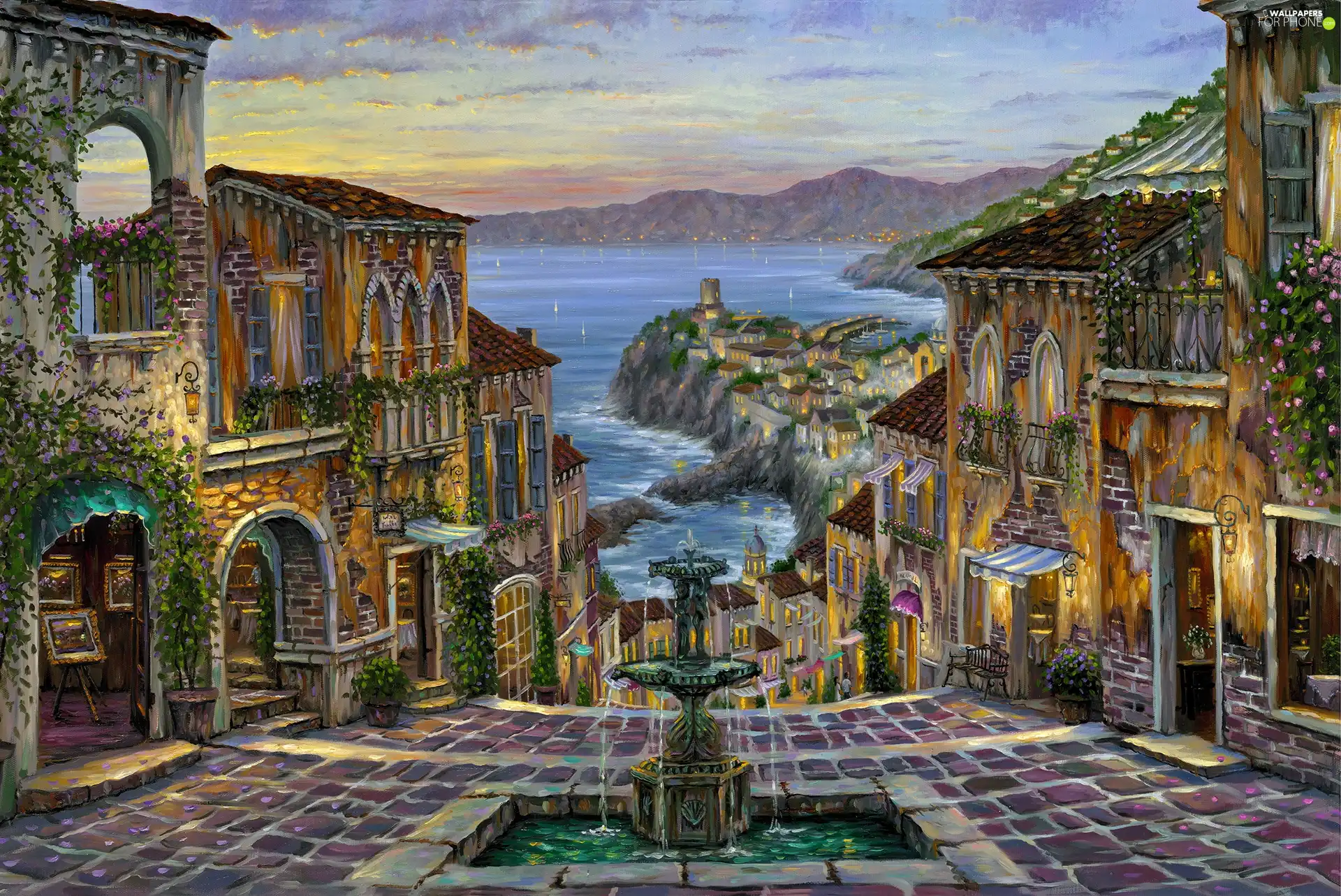 Street, fountain, sea, Houses