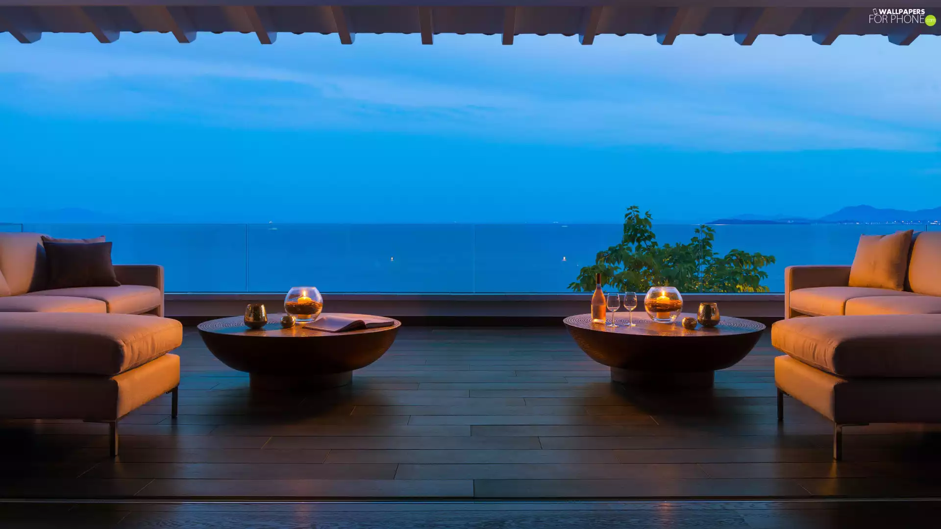 Sofas, sea, terrace, Tables, house