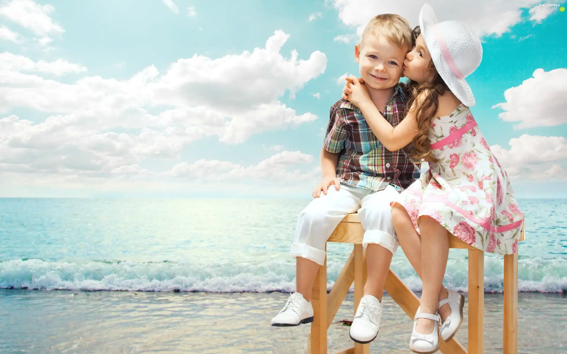 friendship, girl, sea, Waves, Beaches, boy