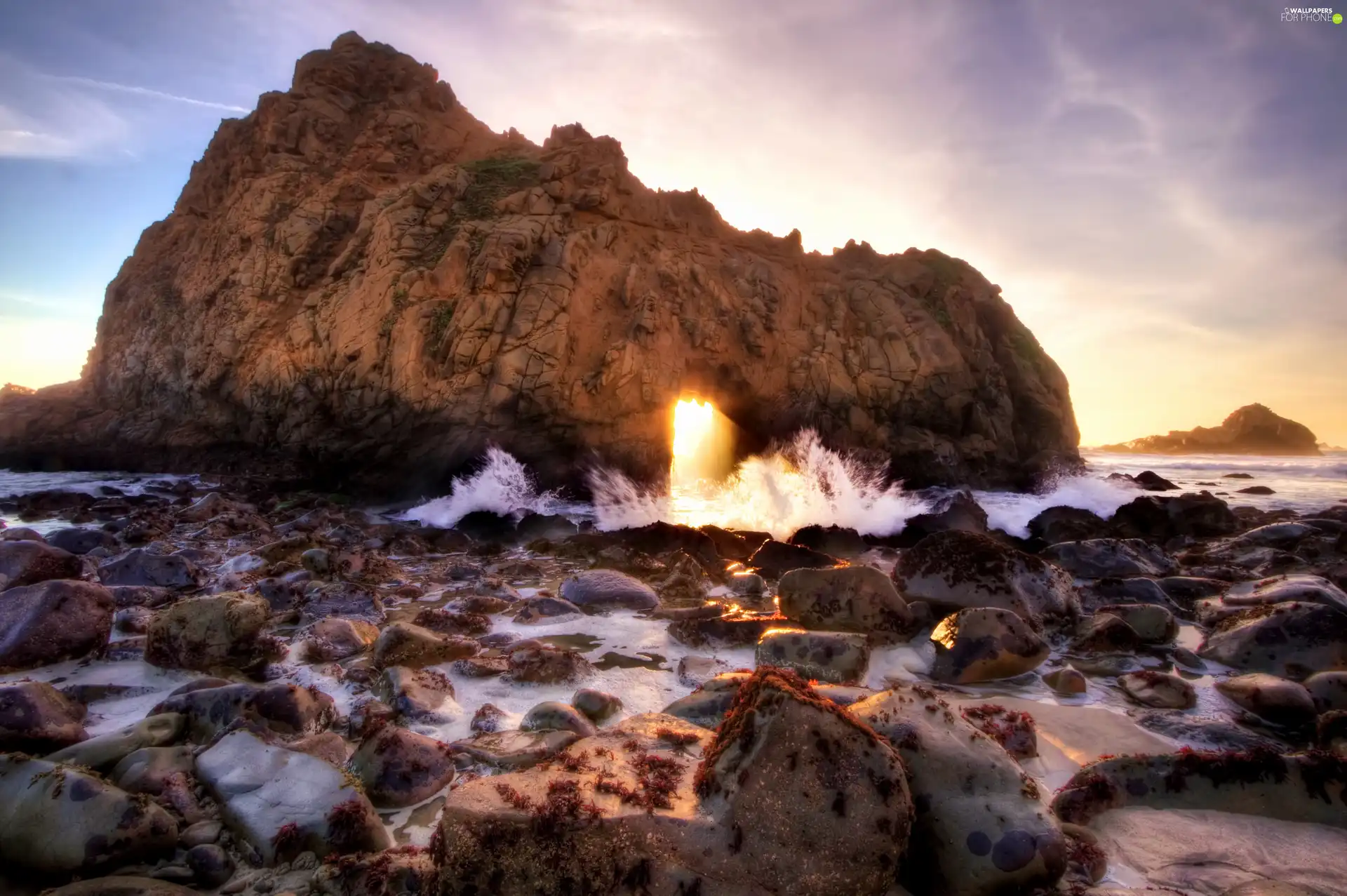 west, rocks, sea, sun