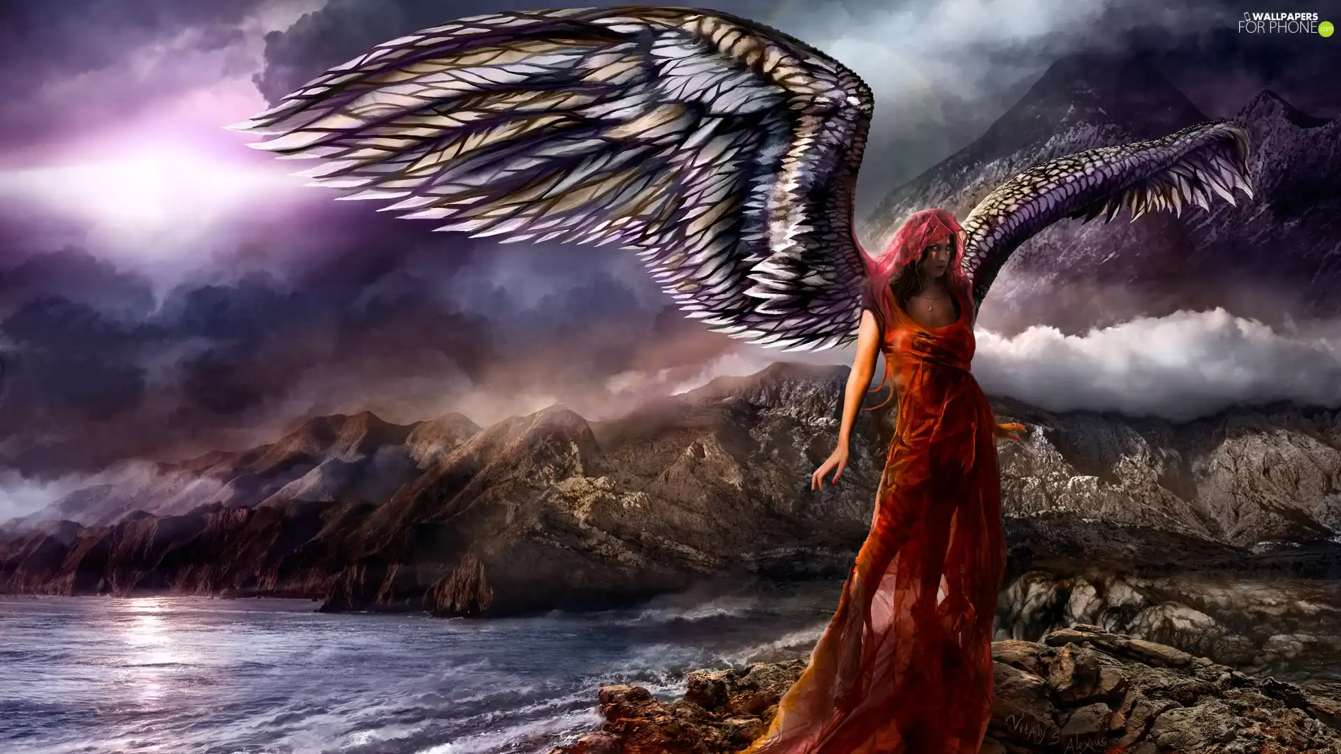 Women, Mountains, sea, angel