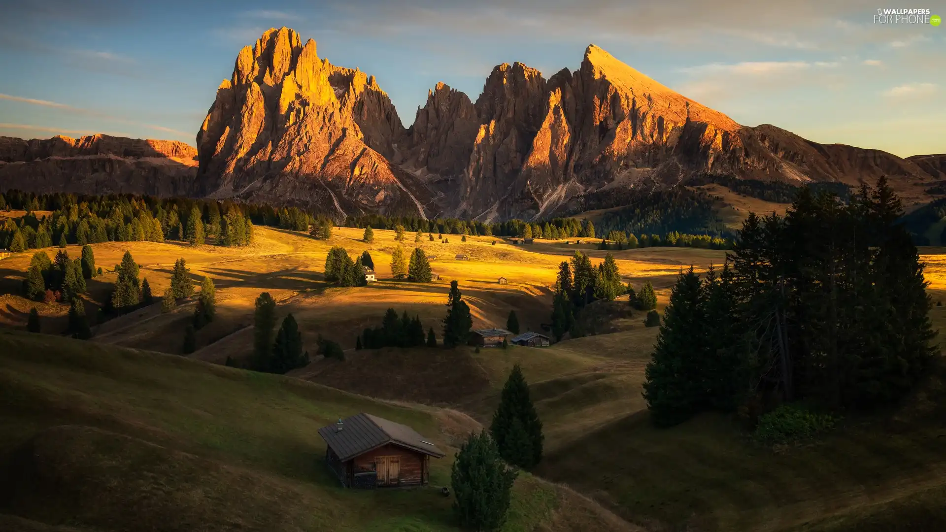 viewes, Sassolungo Mountains, Valley, Houses, Val Gardena, Dolomites, Seiser Alm Meadow, Italy, wood, trees