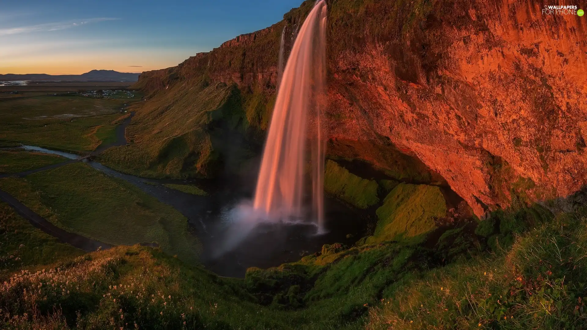 Seljalandsfoss Waterfall, Mountains, Great Sunsets, iceland, Seljalandsfoss River, rocks