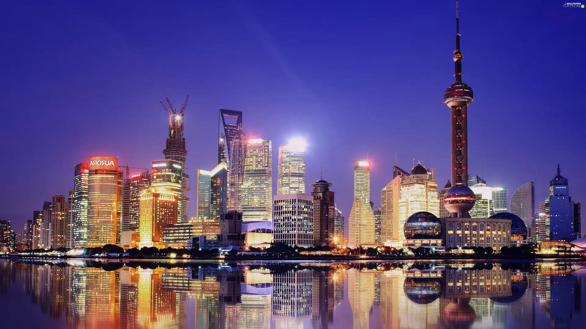 Shanghai, night, clouds, panorama, skyscrapers