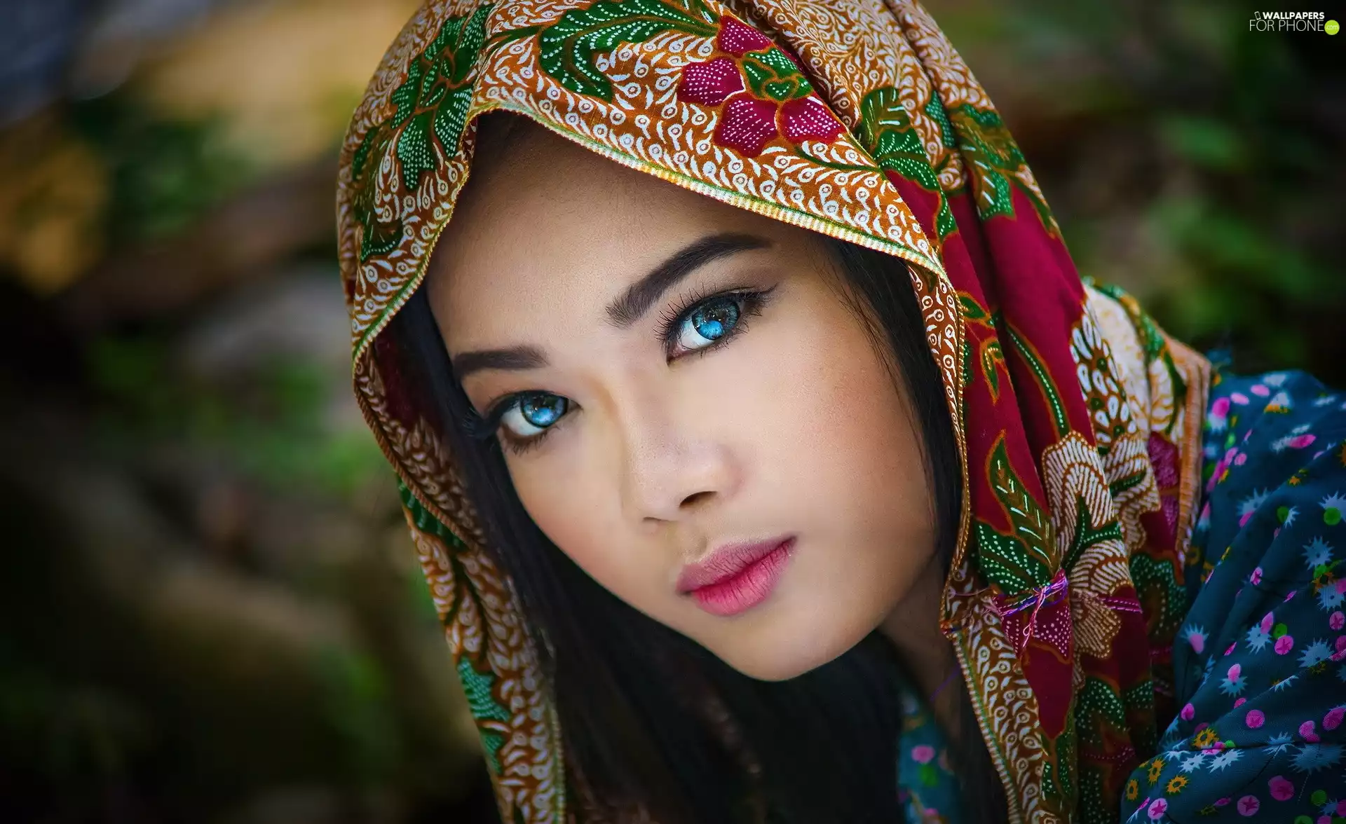 blue, Women, Coloured, shawl, Eyes, make-up