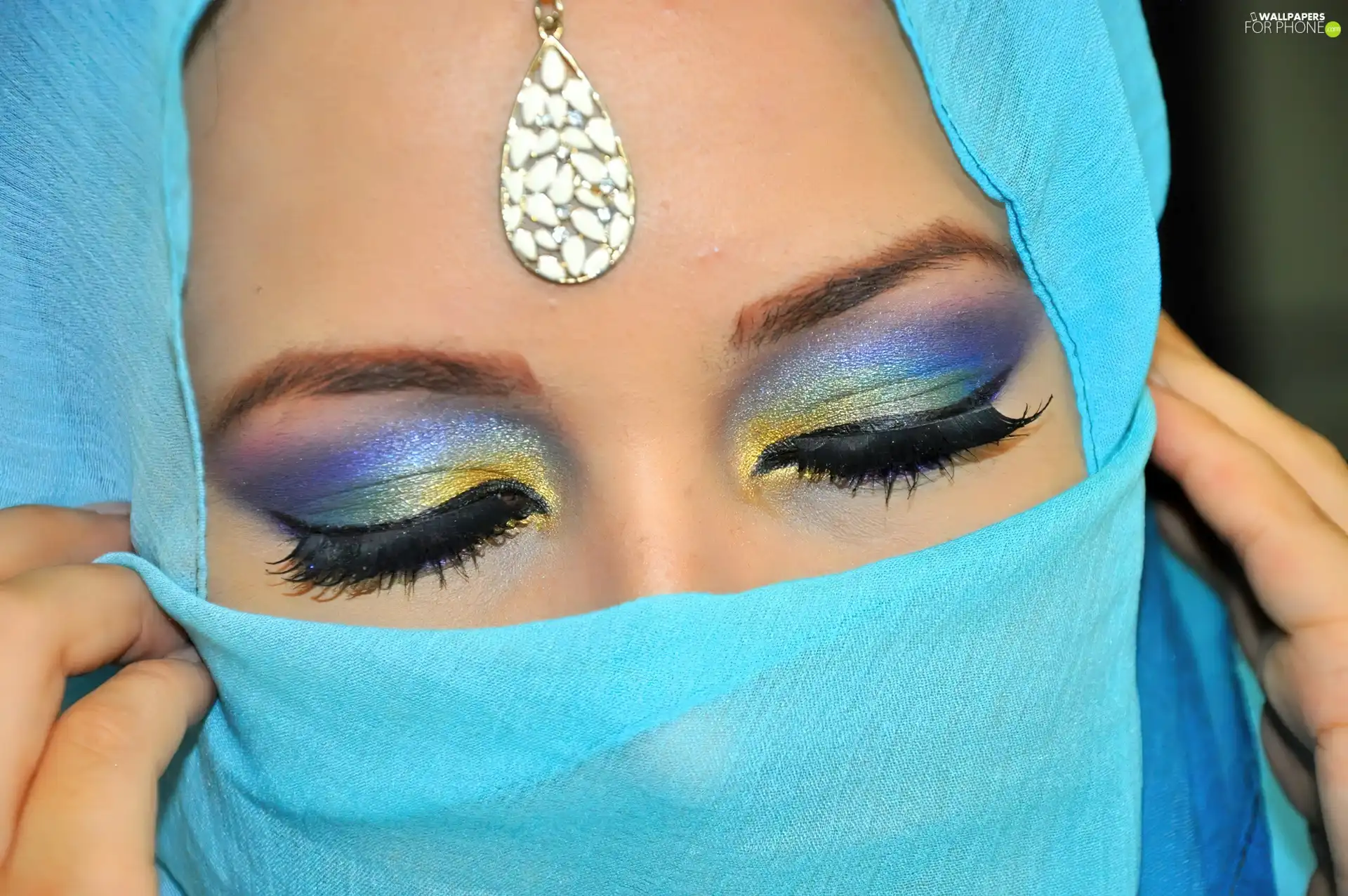 Women, Blue, shawl, make-up