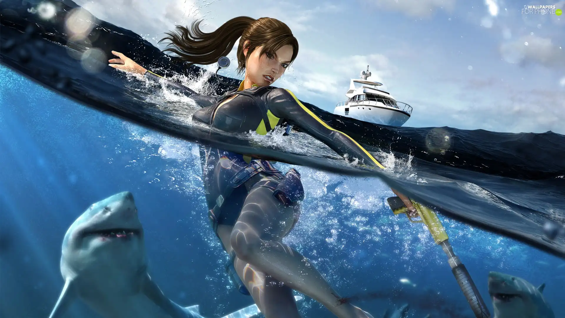 girl, shark, Ship, water
