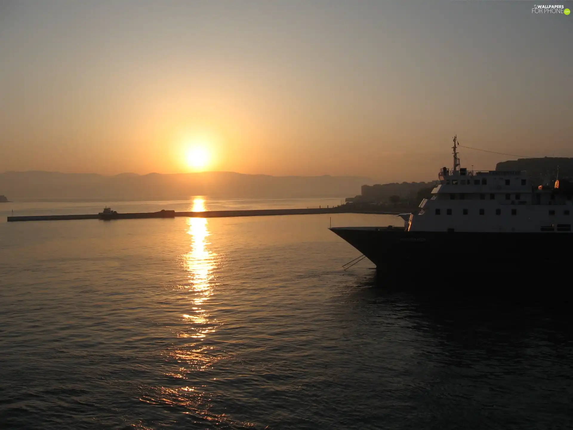 Ship, moorings, west, sun, sea