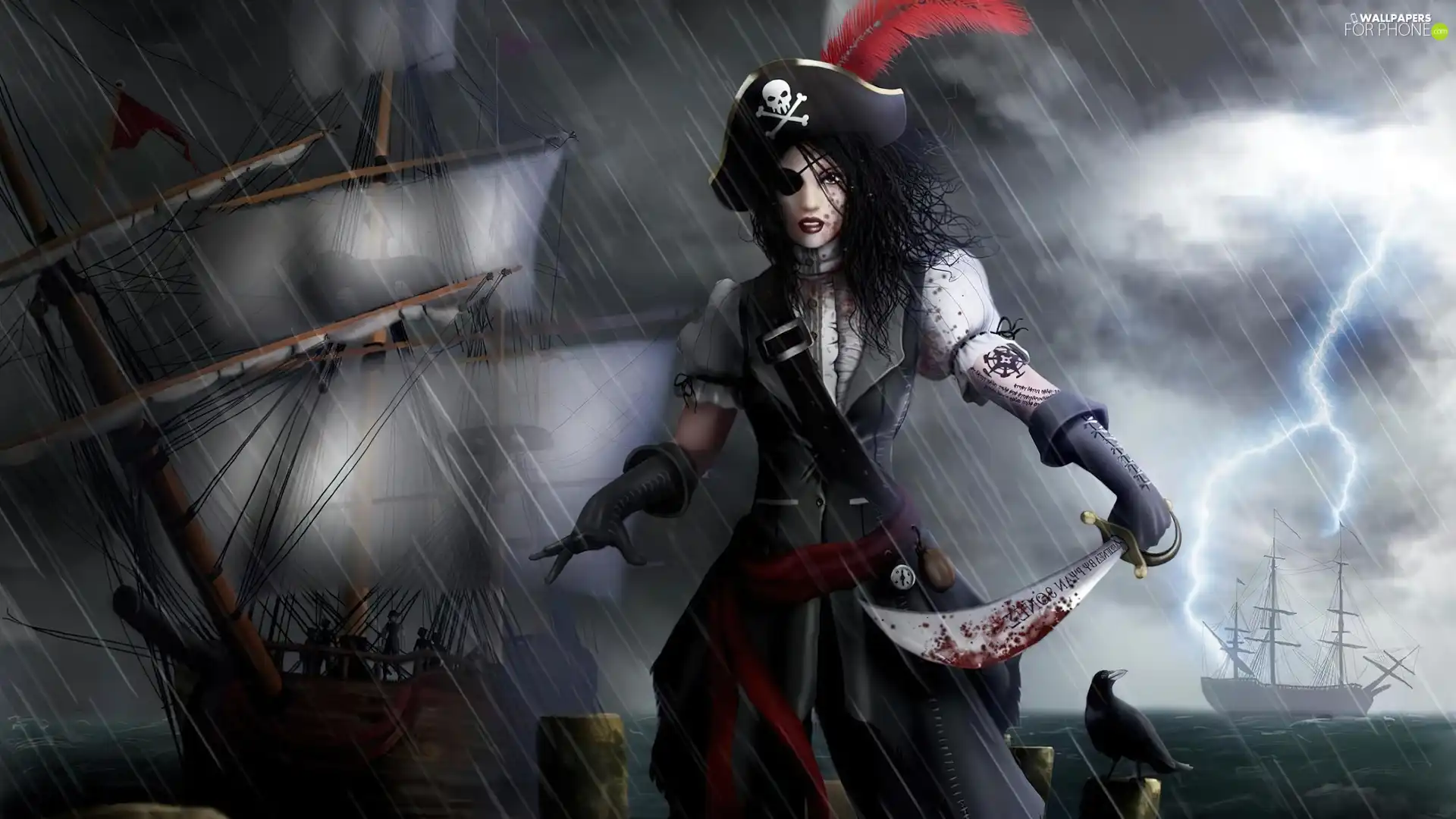 Women, sword, Ship, Pirate