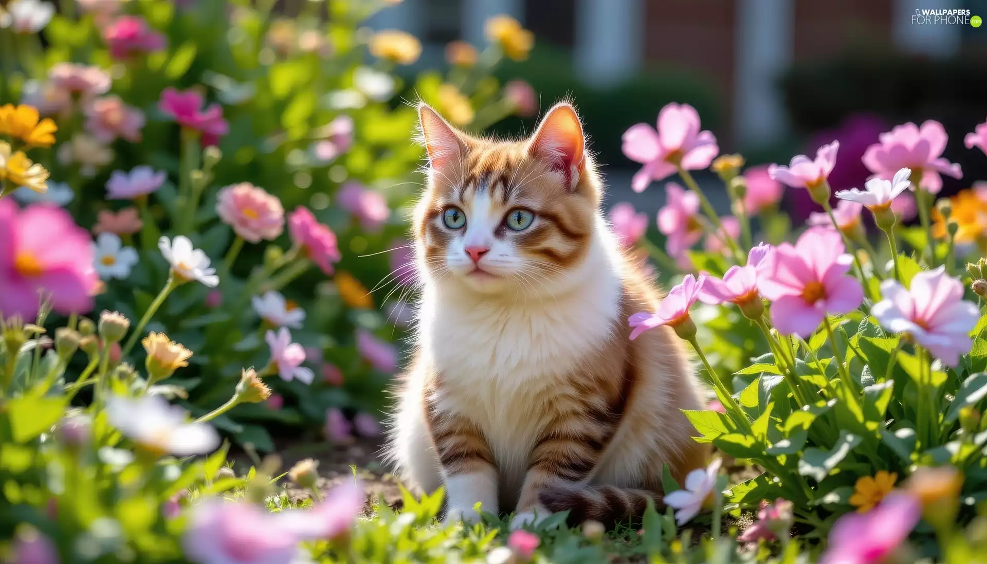 white and red, sitter, Flowers, cat