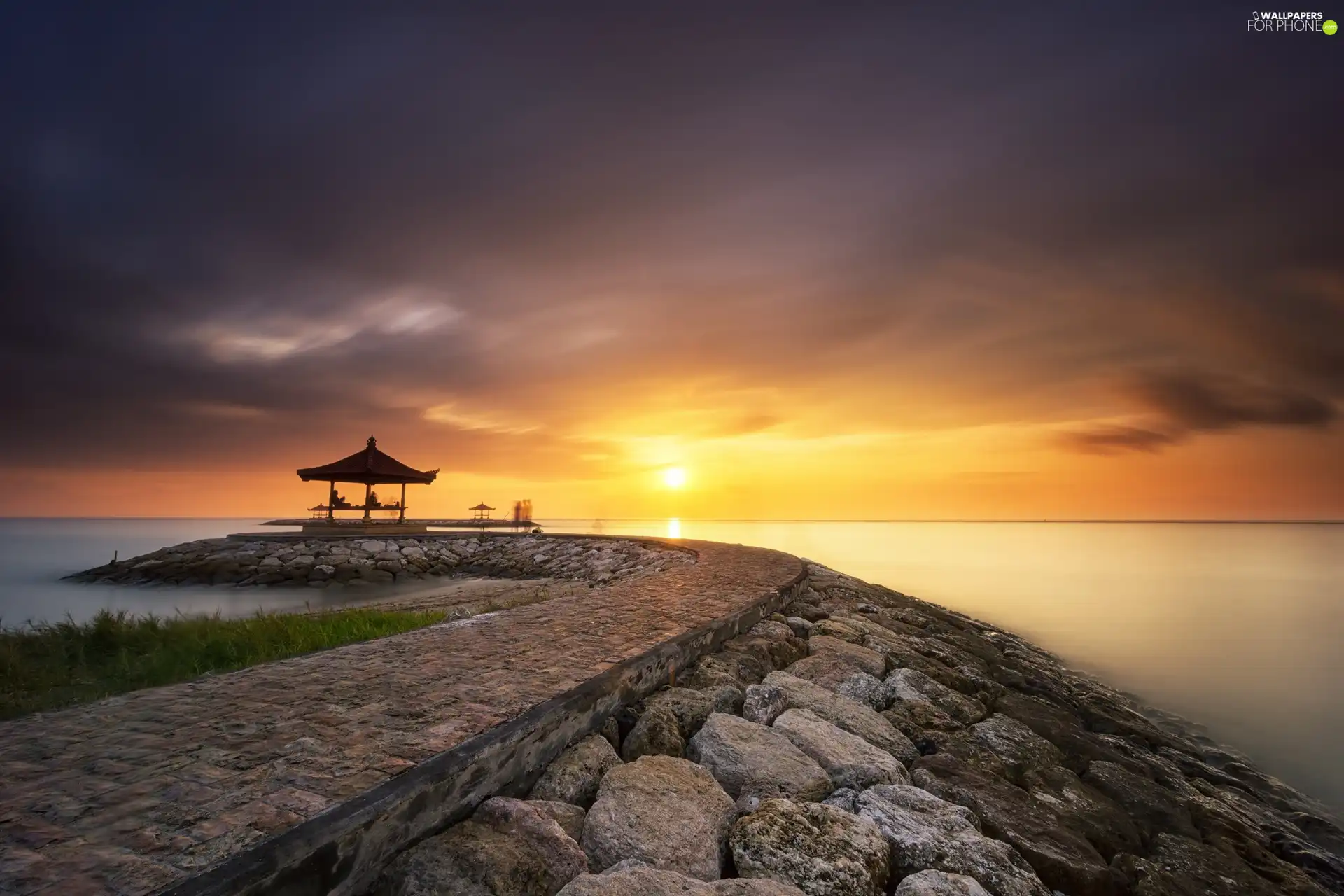 Sun, sea, Sky, clouds, pier, west
