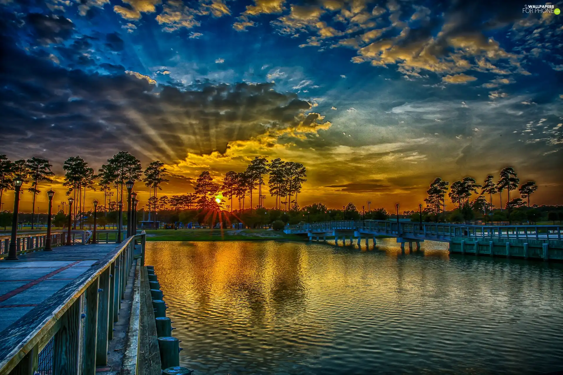 west, lake, Sky, clouds, Sun, pier