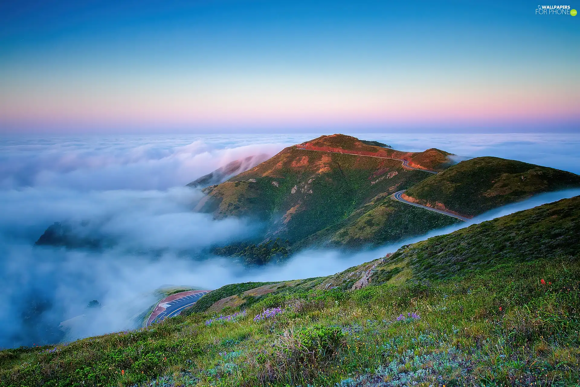 Fog, Way, Sky, Mountains