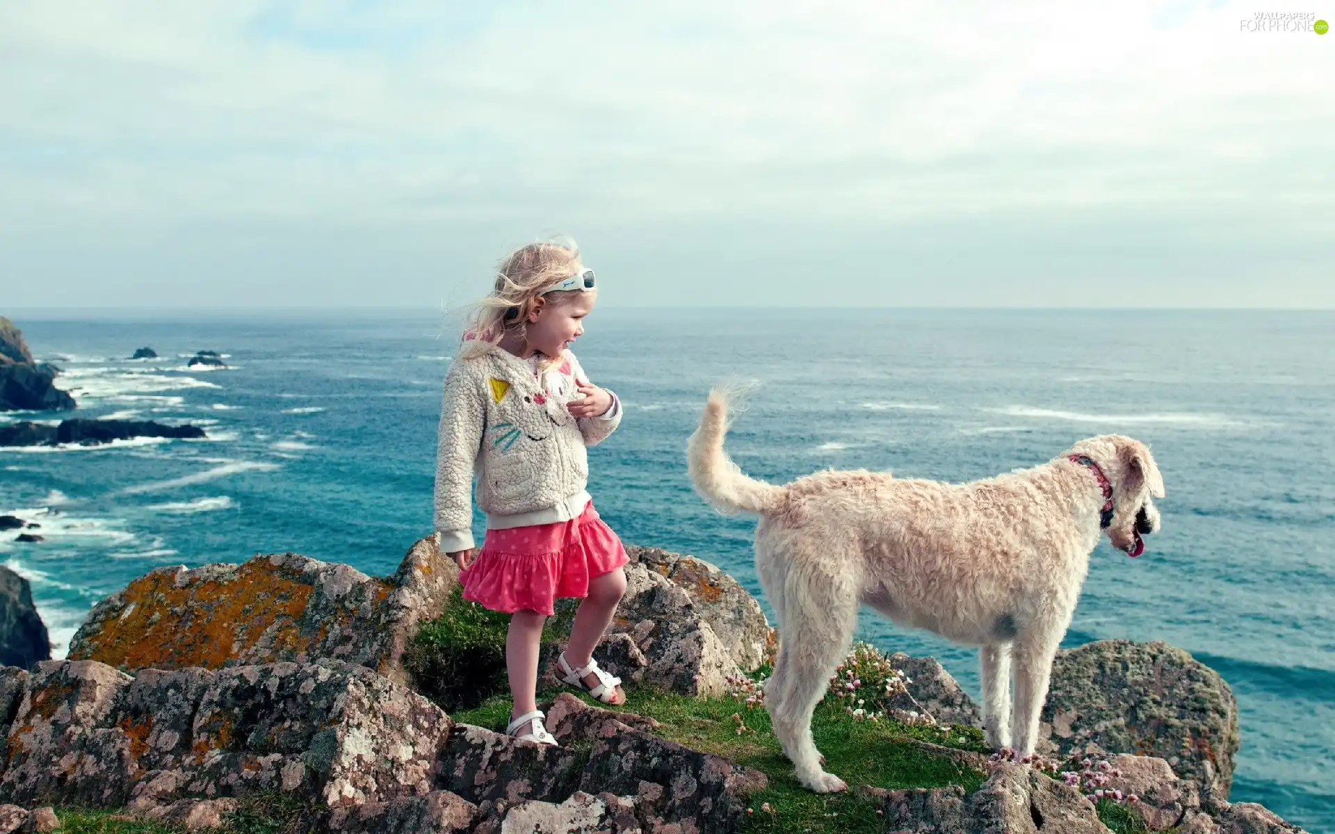 girl, sea, Sky, dog