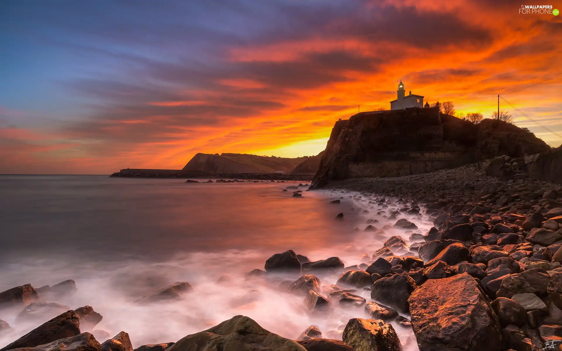 Sky, Lighthouse, Great Sunsets, Stones, sea