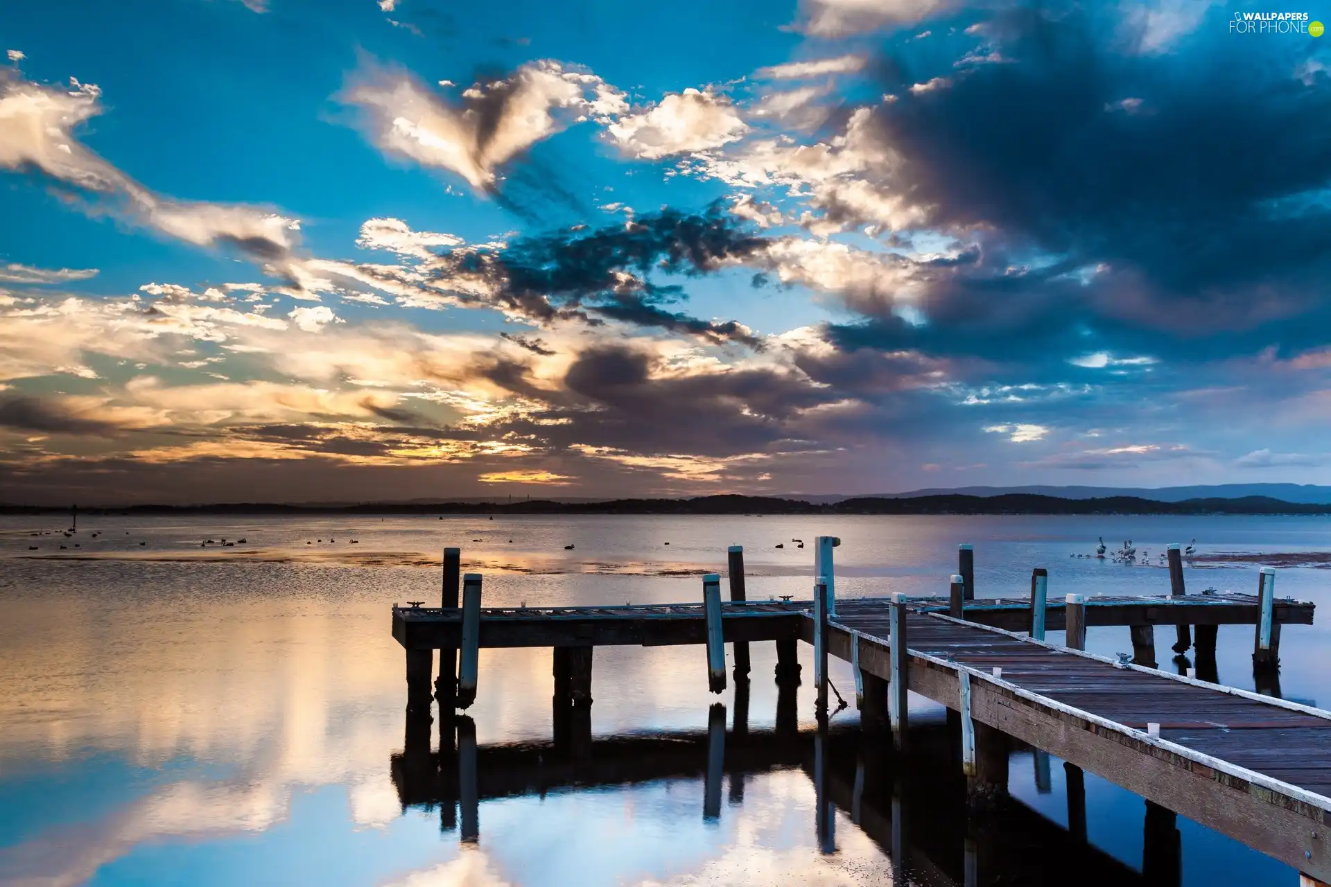 lake, clouds, Sky, pier