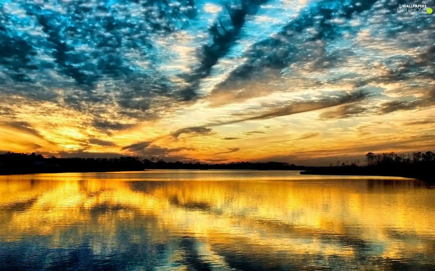 Sky, lake, sun, clouds, west