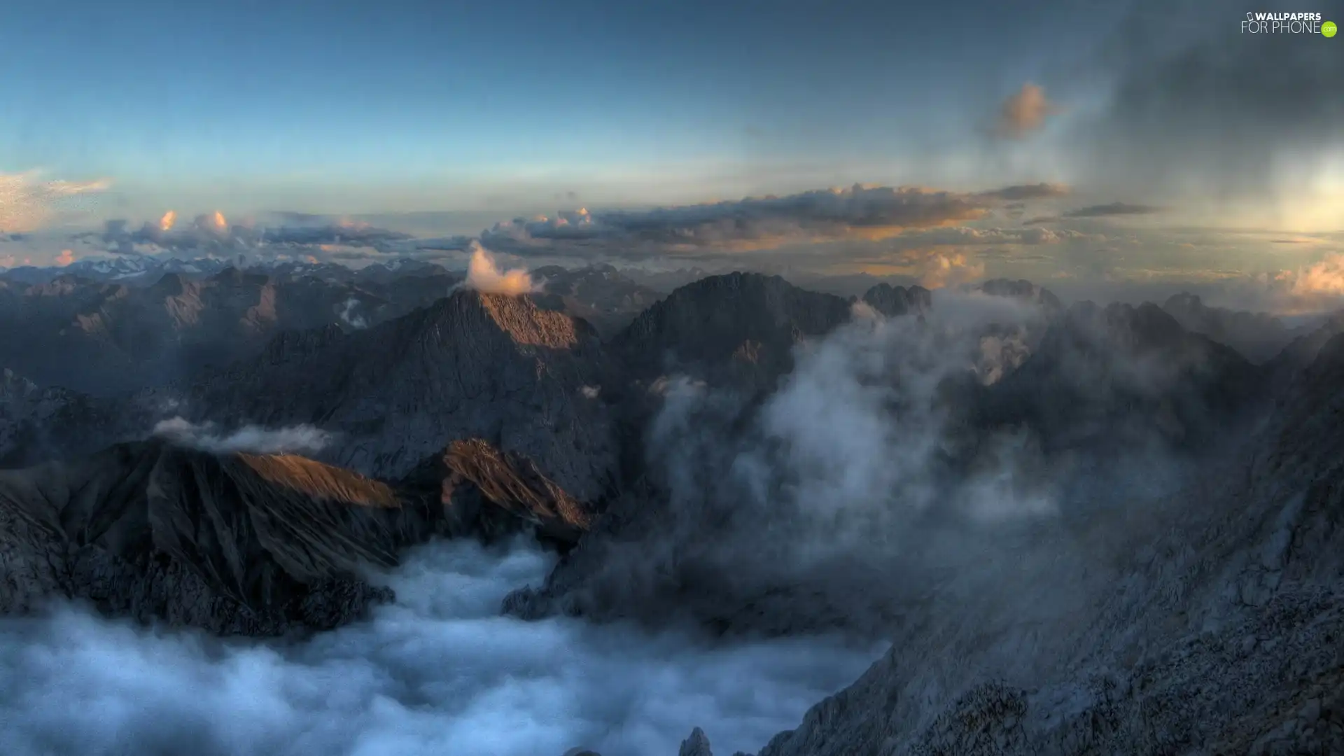 Mountains, clouds, Sky, height