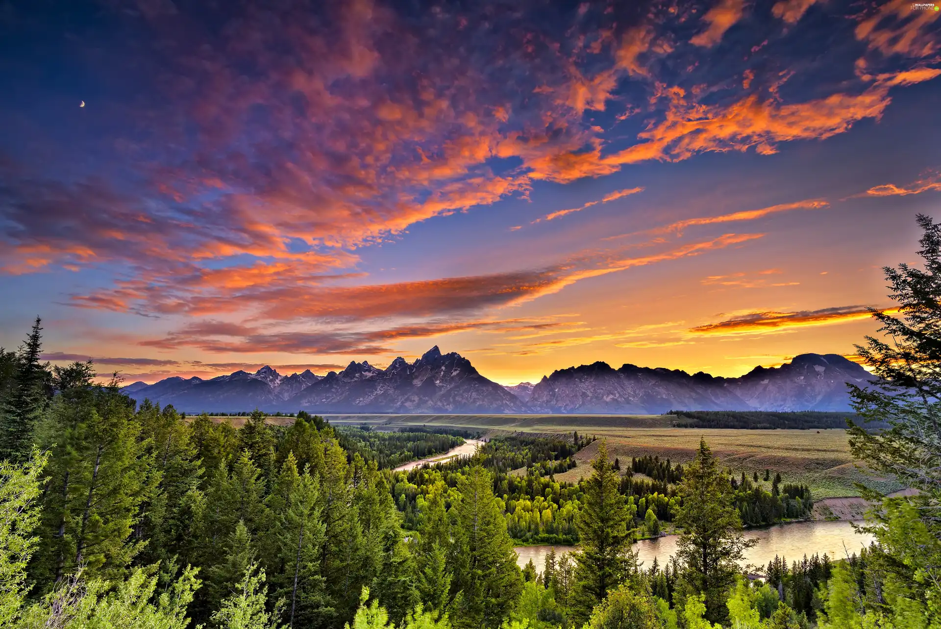 Mountains, forest, Sky, River