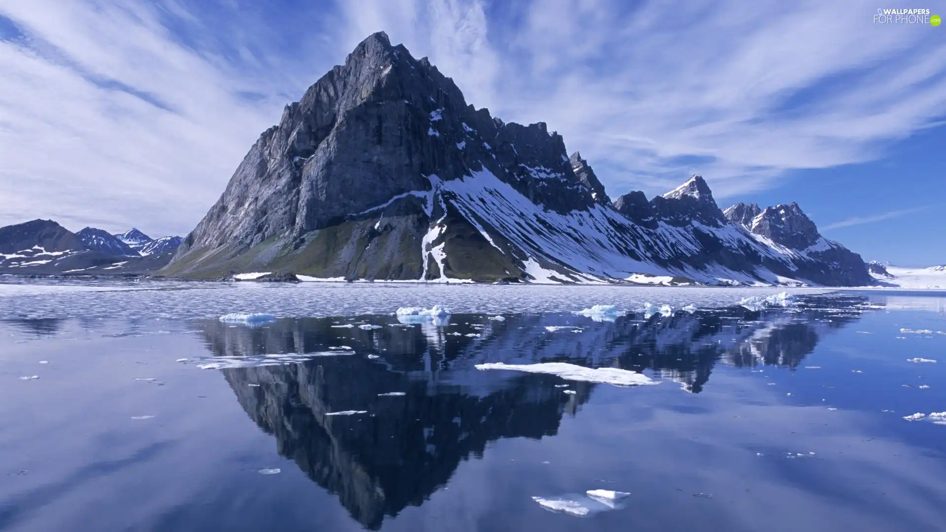 Sky, water, Mountains