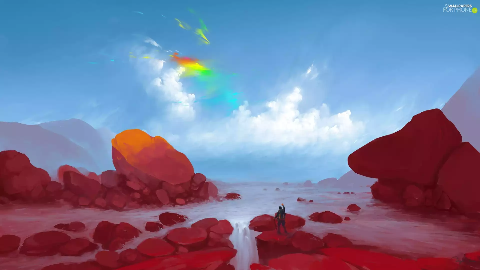 Human, graphics, ligh, color, flash, clouds, Sky, River, rocks, luminosity, sun