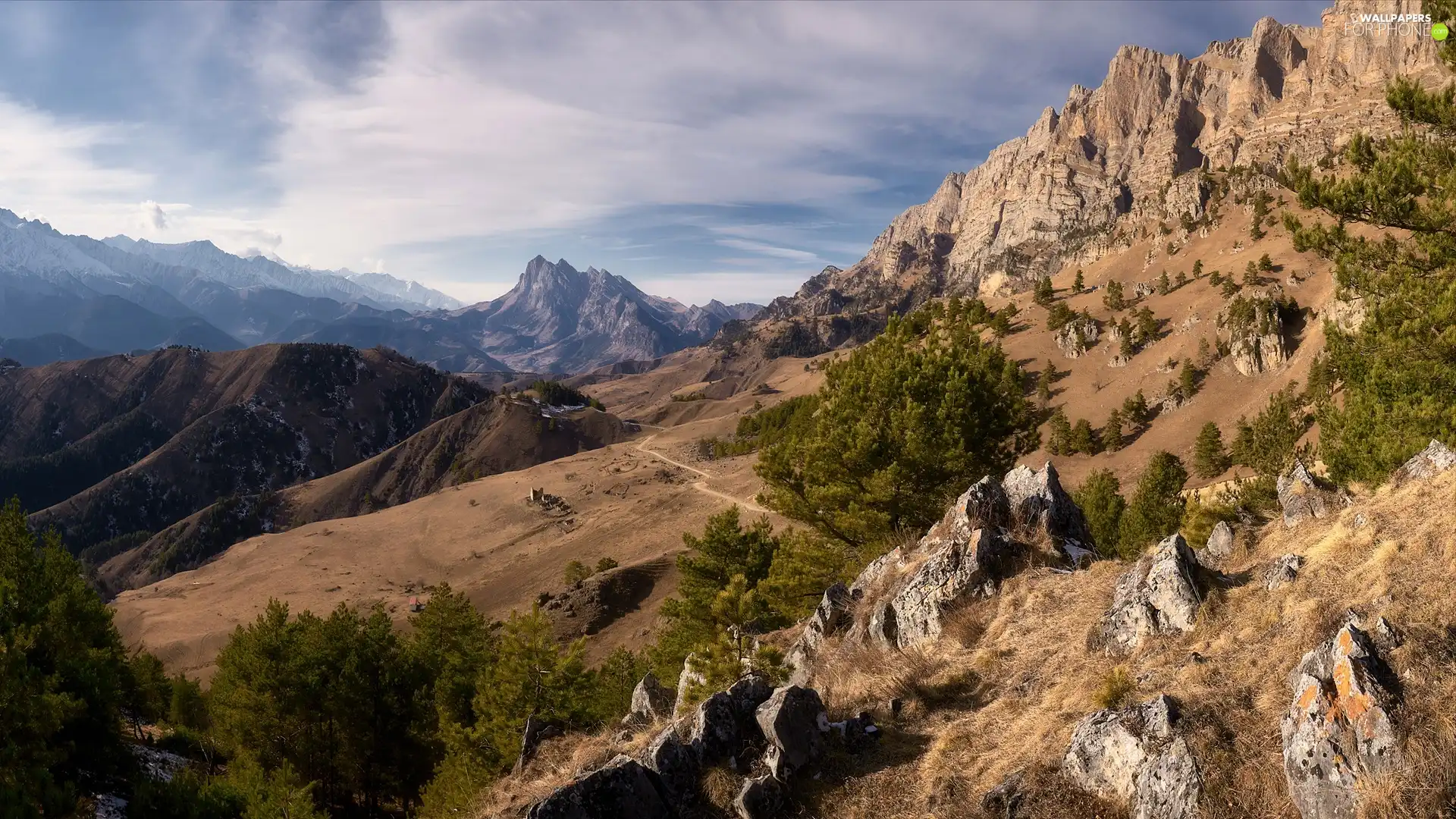 trees, Mountains, Way, Sky, viewes, rocks