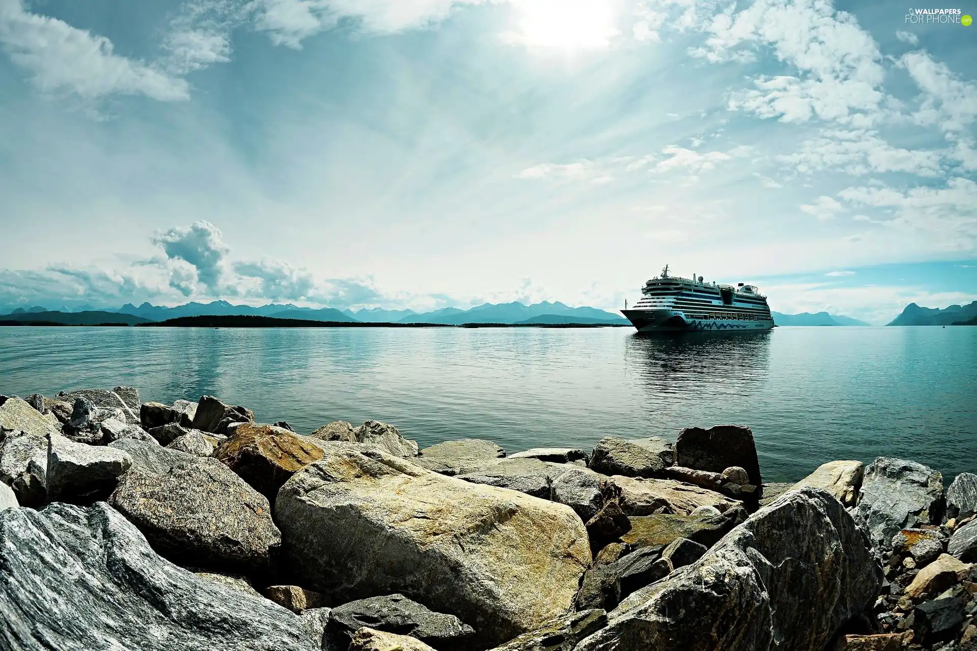 sea, Ship, Sky, Stones