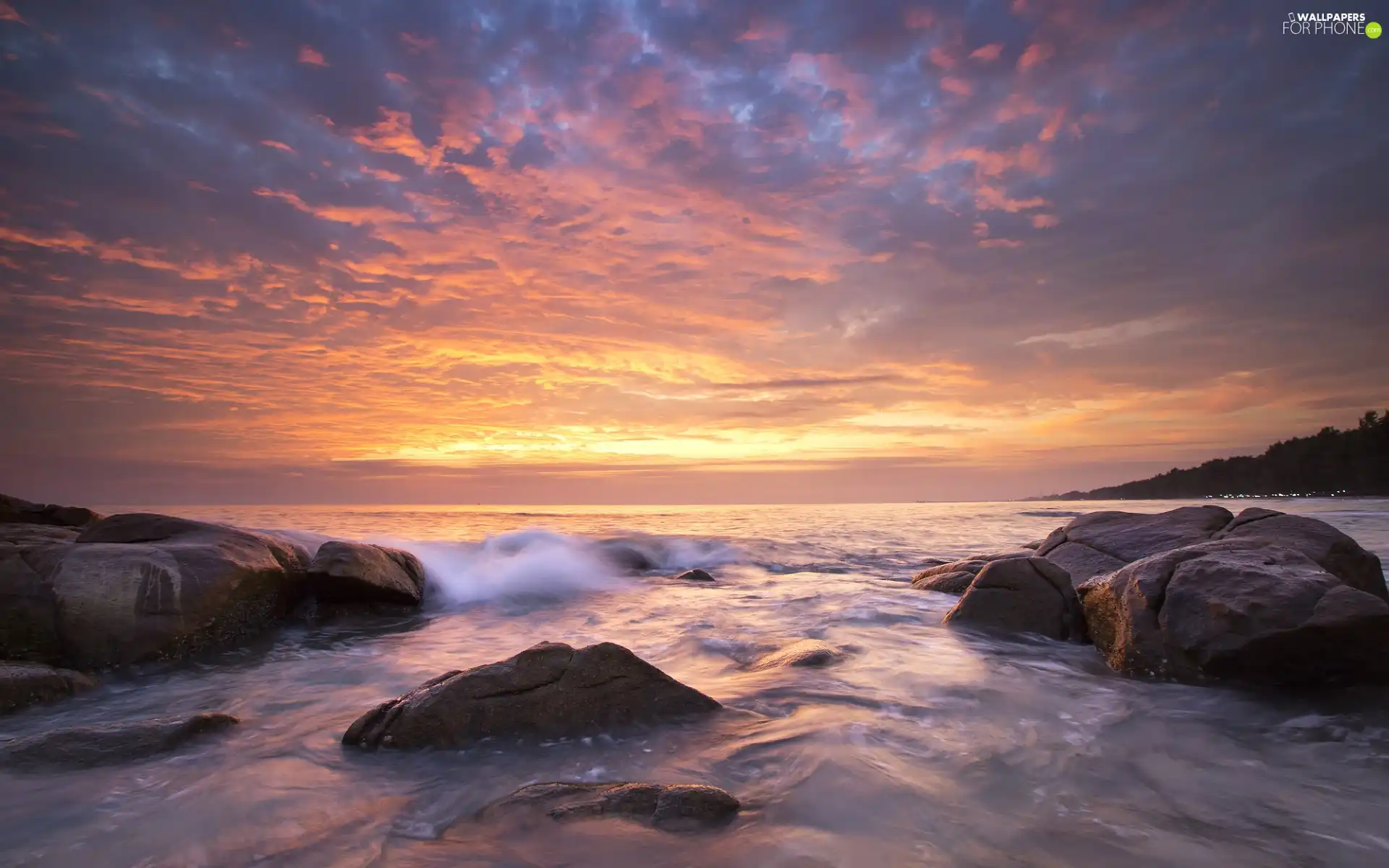 Stones, Great Sunsets, Sky, clouds, rocks, sea