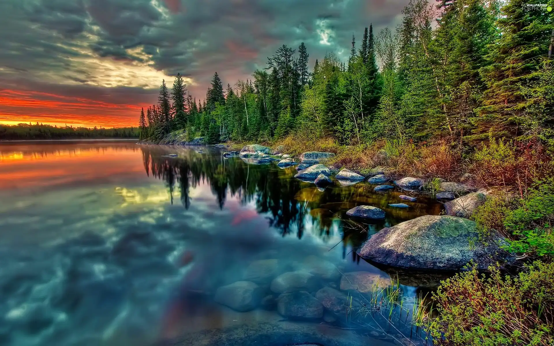 Sky, Pond - car, viewes, Stones, trees, Clouds