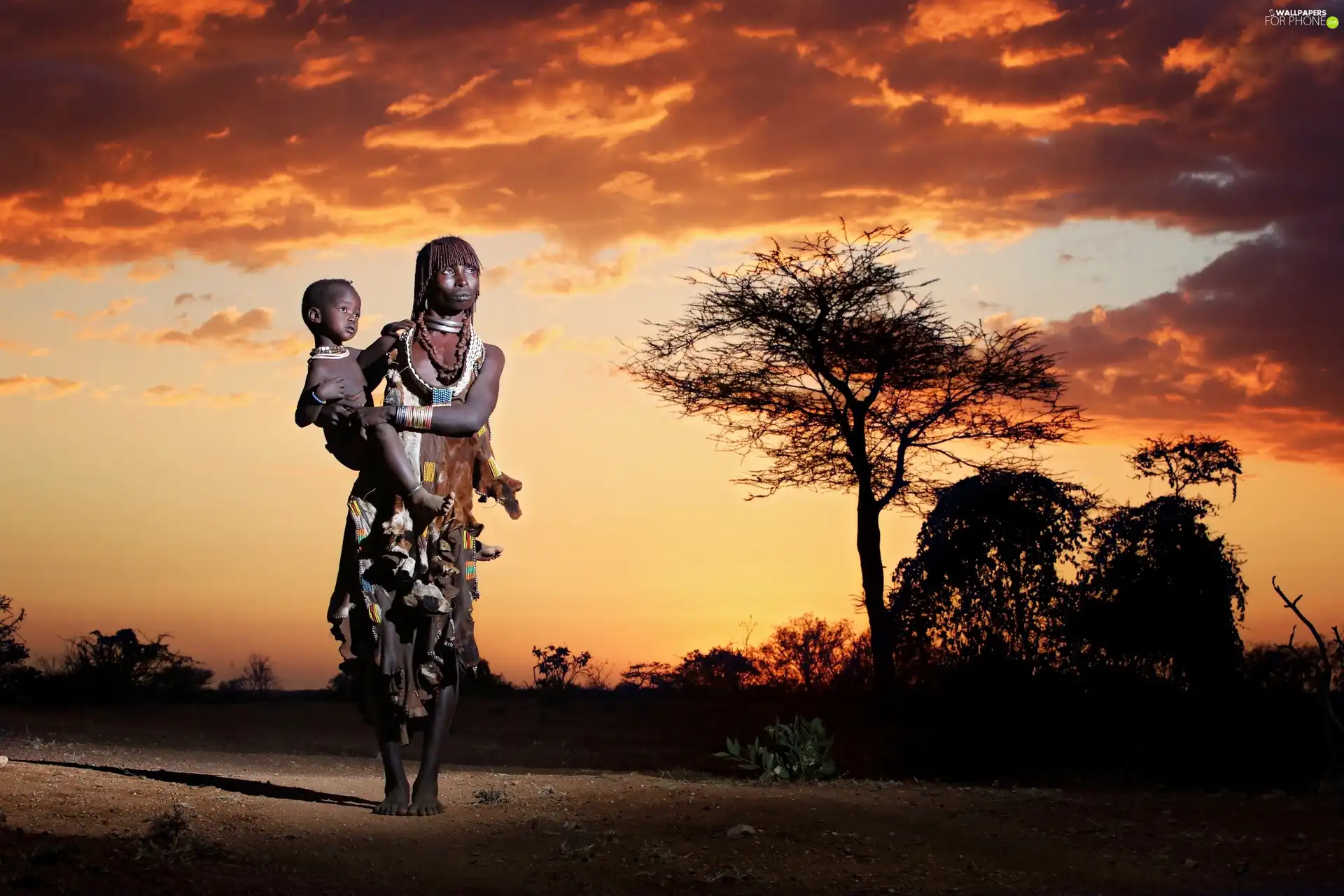 African Woman, trees, Sky, Kid
