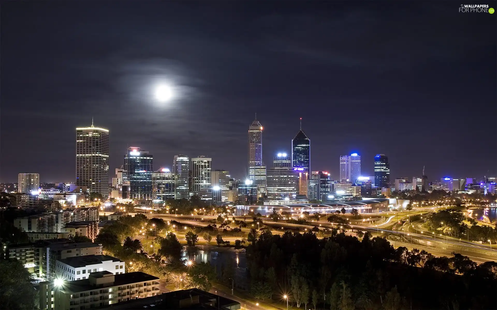 Town, moon, skyscraper, night