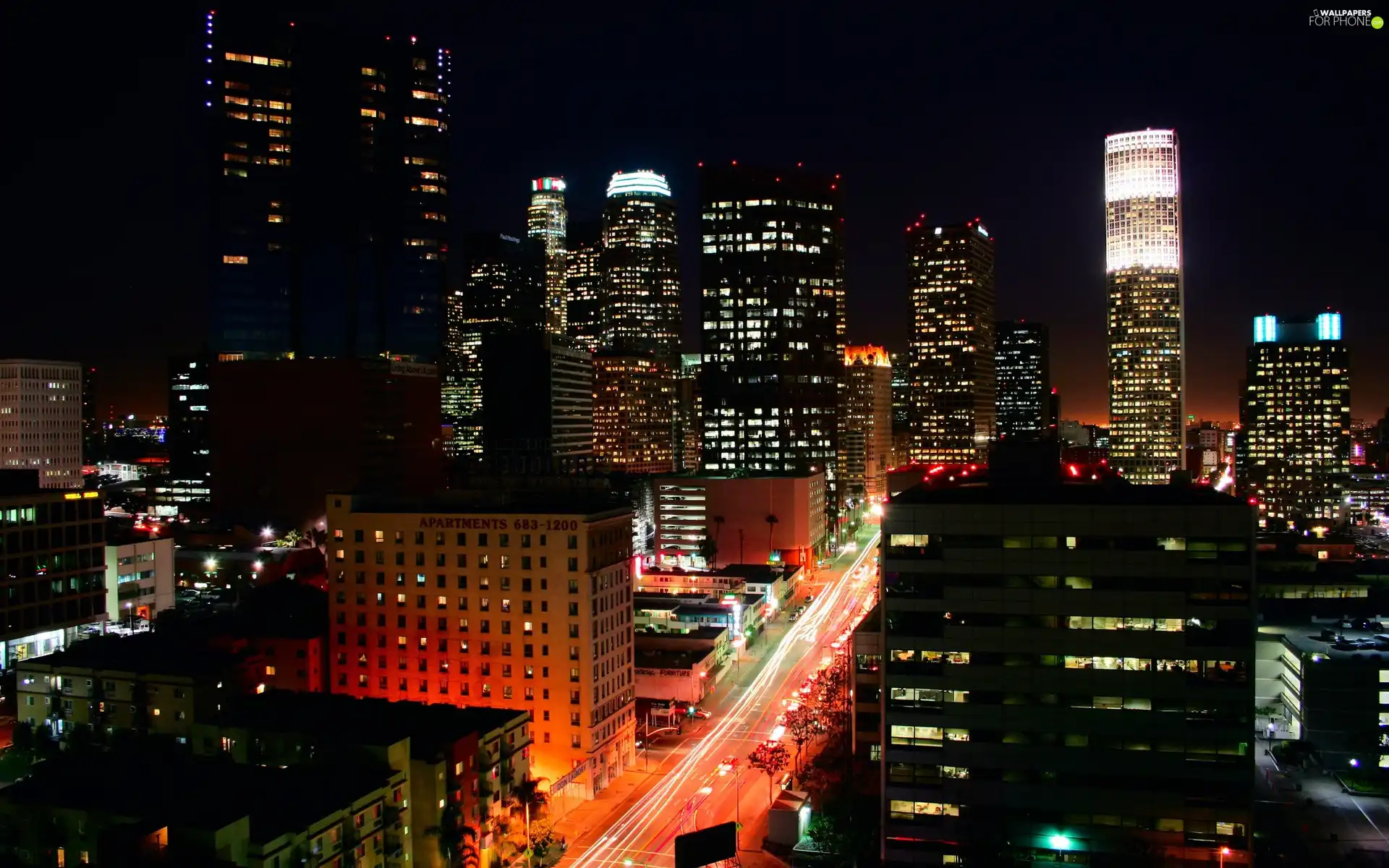 skyscrapers, clouds, Town, night, illuminated