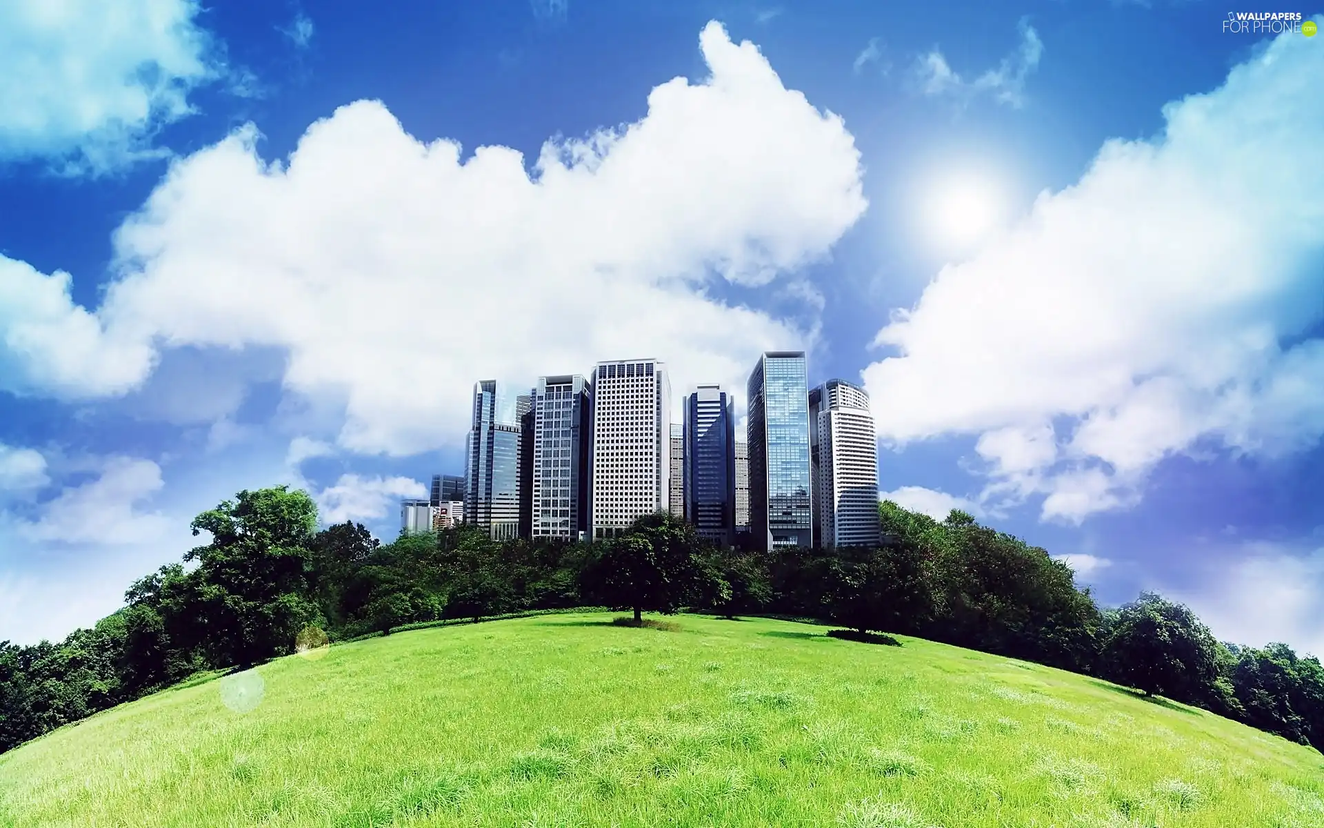 viewes, Hill, skyscrapers, clouds, Lawn, trees