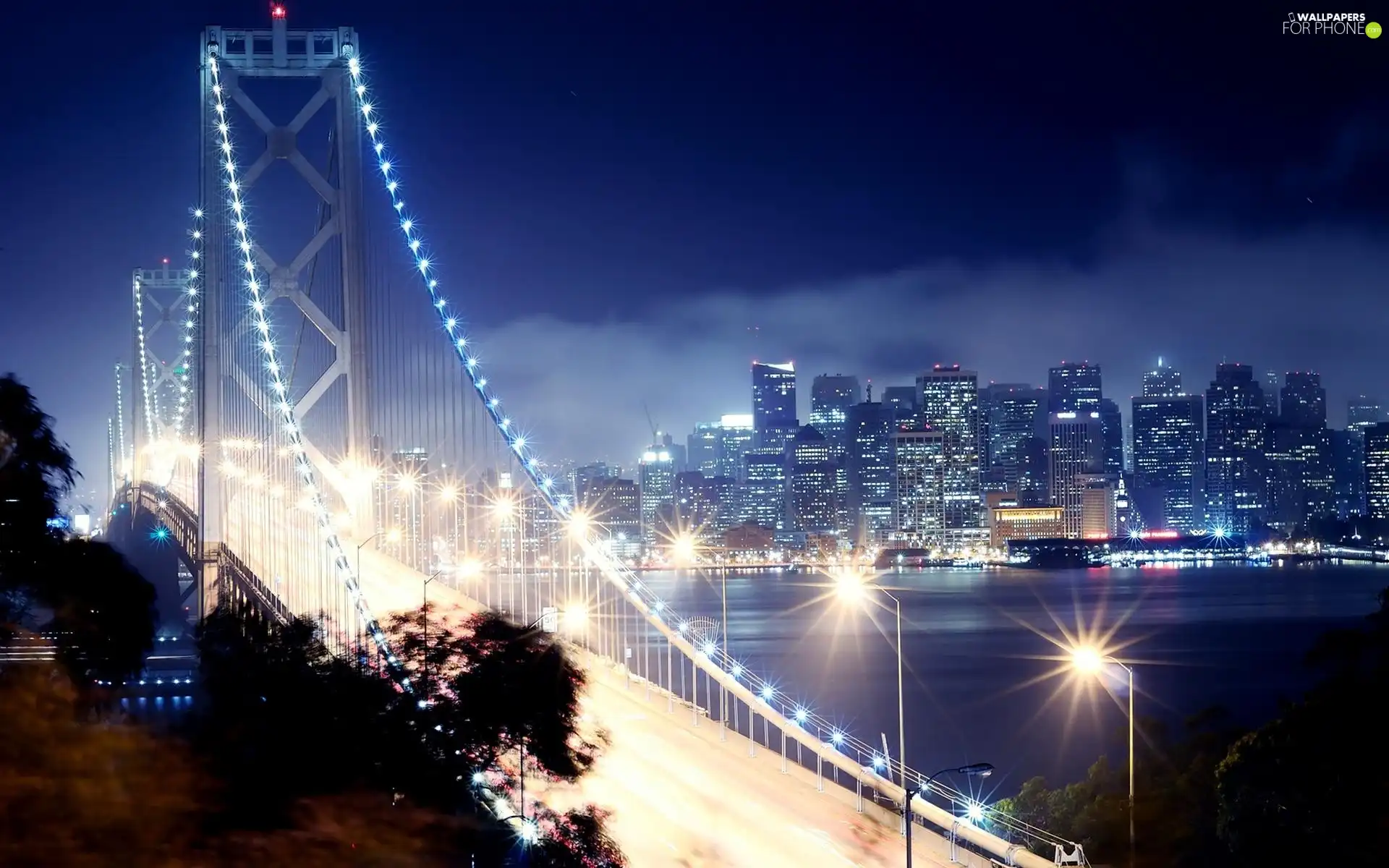 Night, bridge, skyscrapers, clouds, light, Town