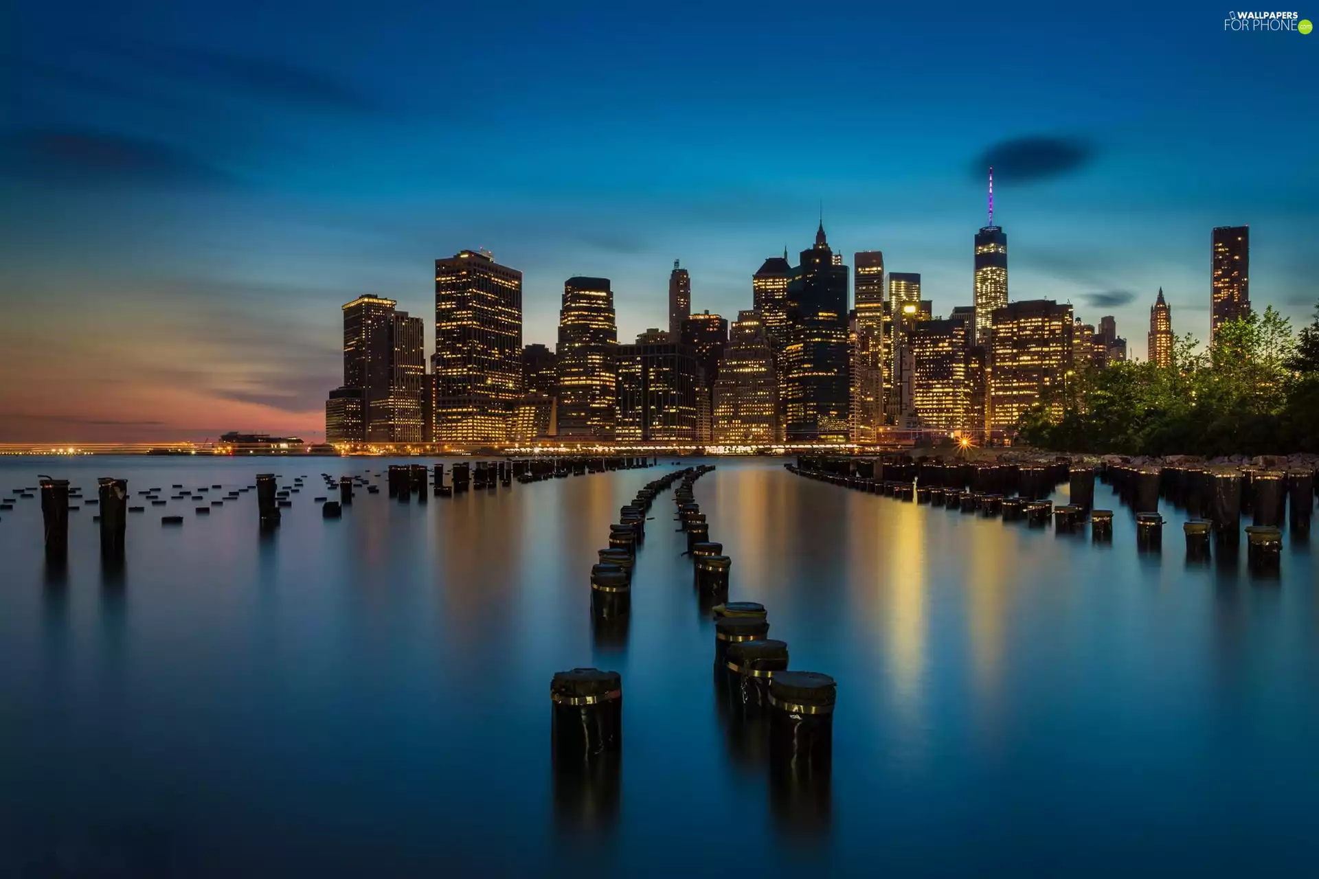 City at Night, New York, sea, Gulf, skyscrapers