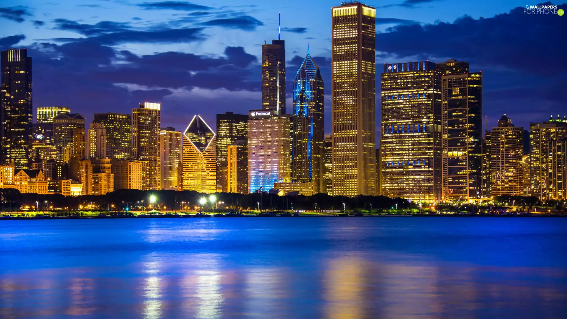 Lake Michigan, Sky, The United States, clouds, Illinois State, skyscrapers, Chicago, Dusk