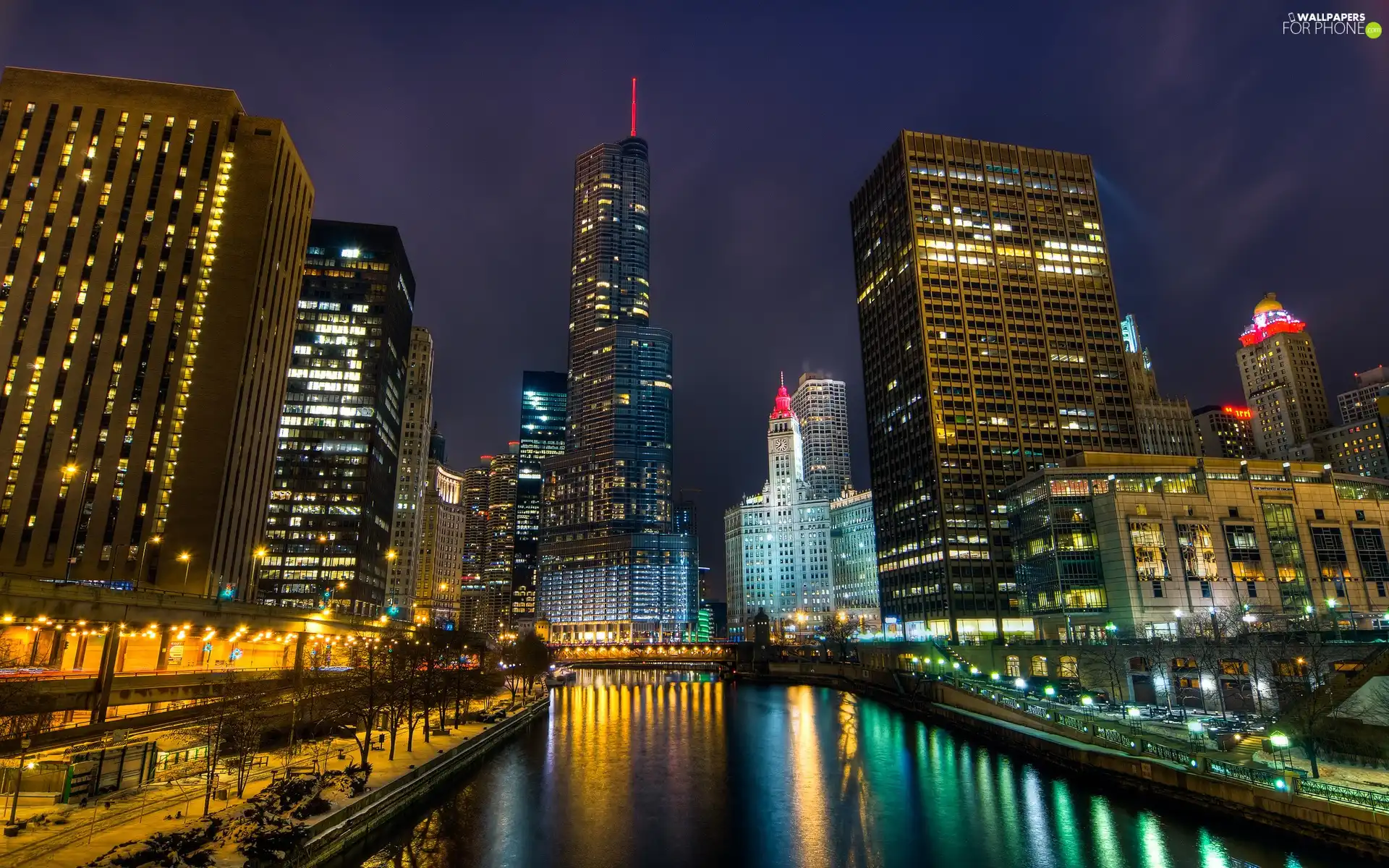 Town, illuminated, skyscrapers, Night