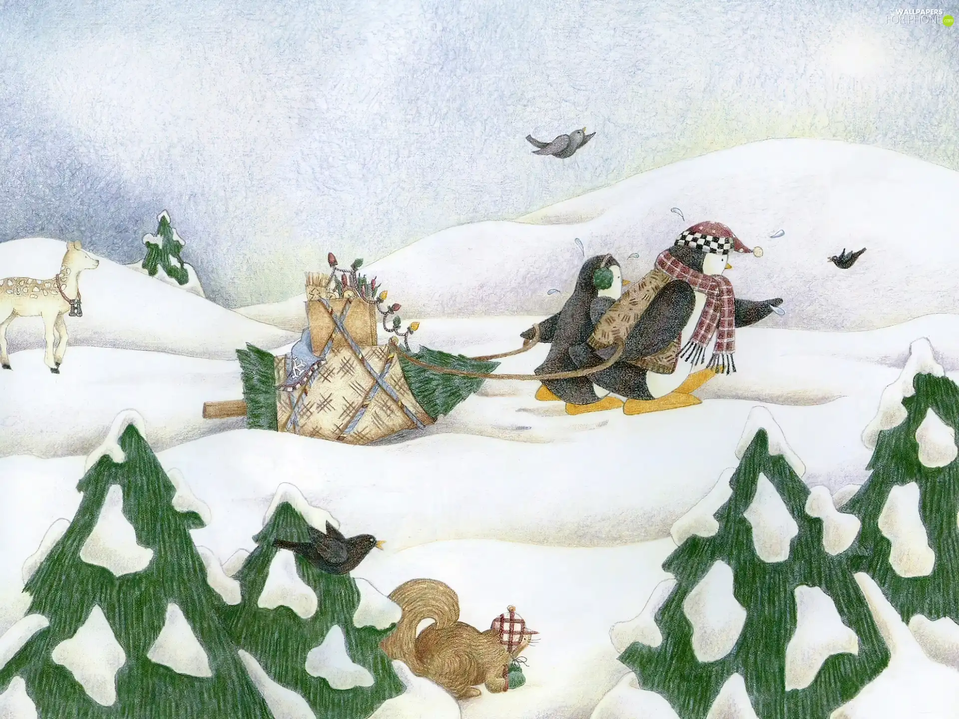 sleigh, christmas tree, snow, penguin, winter