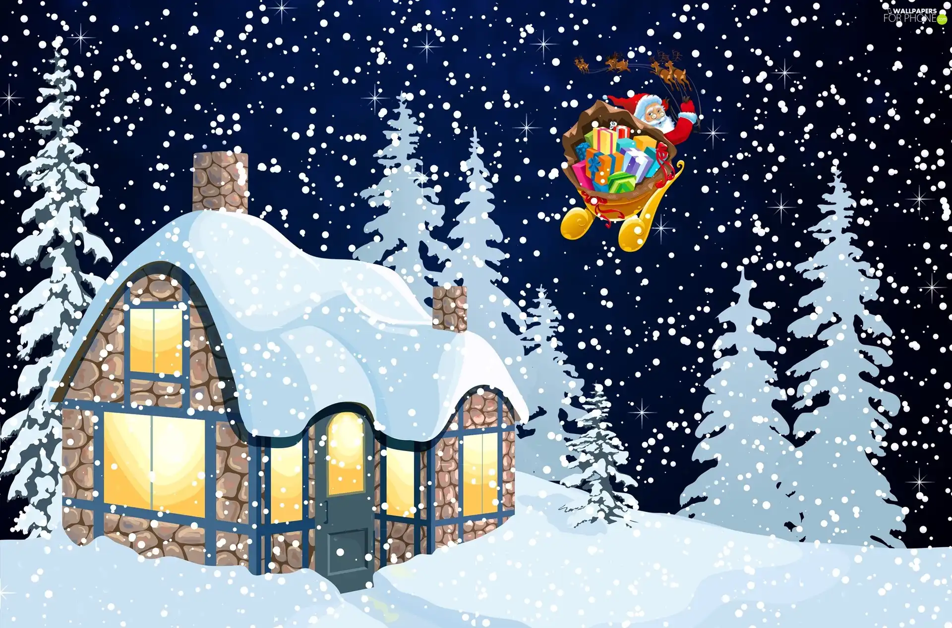 sleigh, Santa, winter, reindeer, viewes, Home, 2D Graphics, trees