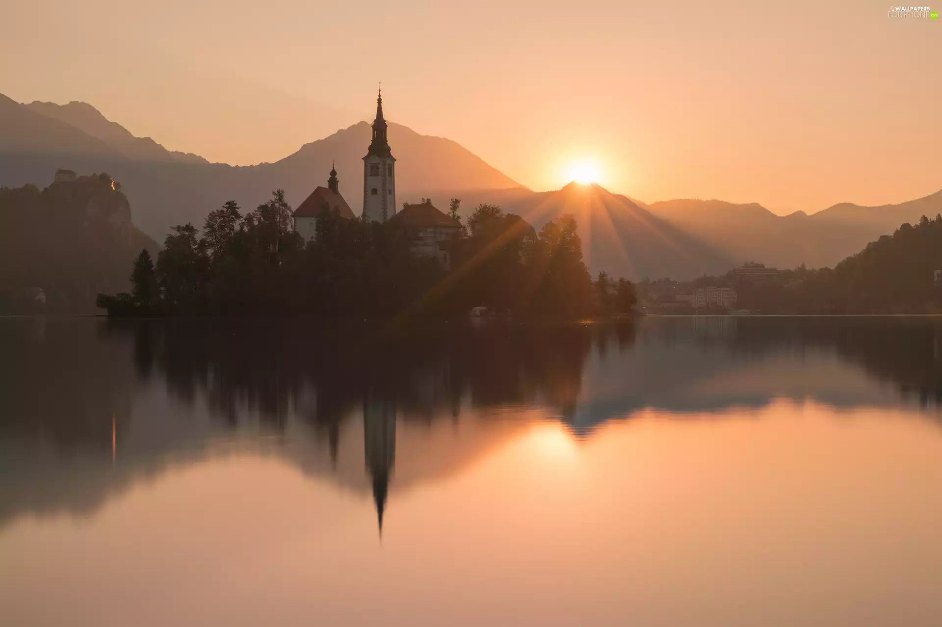 Blejski Otok Island, Church of the Annunciation of the Virgin Mary, reflection, Mountains, Sunrise, Lake Bled, Slovenia, Julian Alps